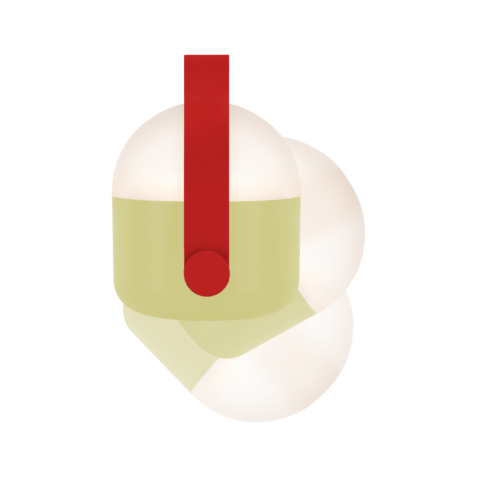 Zandkleurig LED-lampje met rood handvat. Het licht schijnt door het bovenste gedeelte van het lampje.