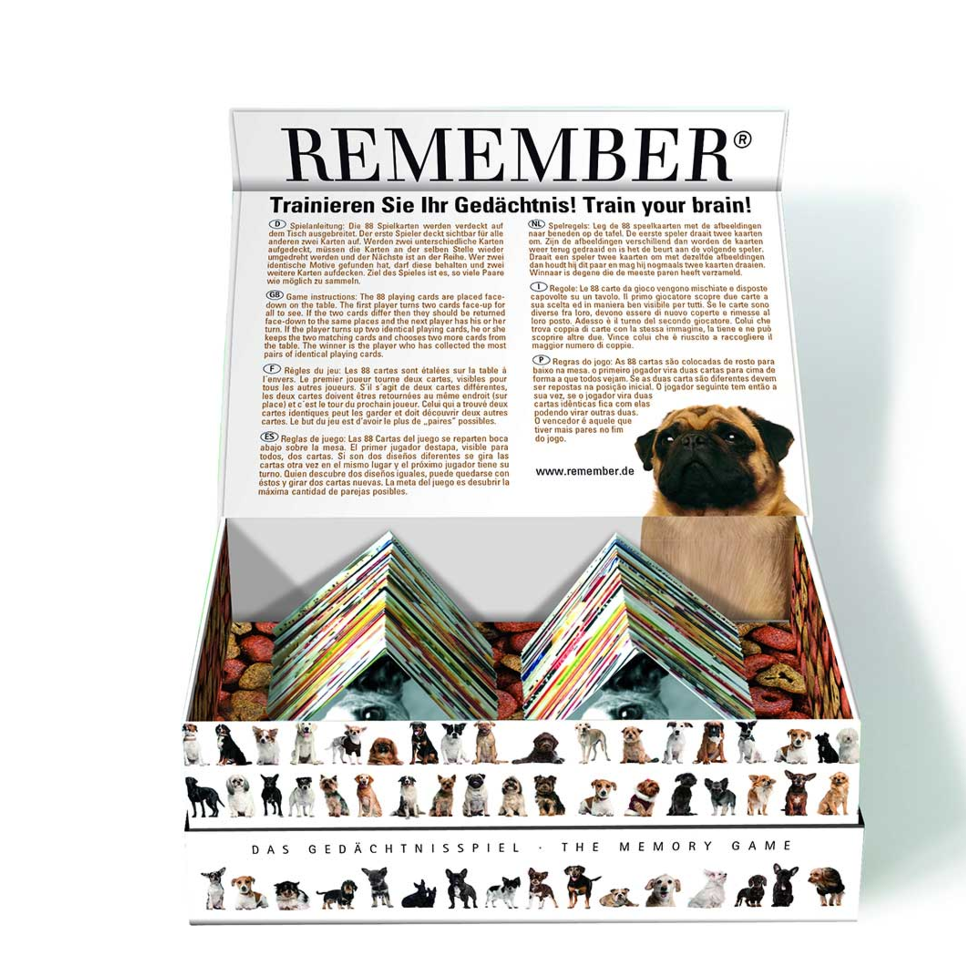 Memory Spiel 'Dogs' mit 88 Karten in Box. Darauf Abbildungen von Hunden verschiedener Rassen und Futter. Titel "Remember" und Text "Das Gedächtnisspiel".