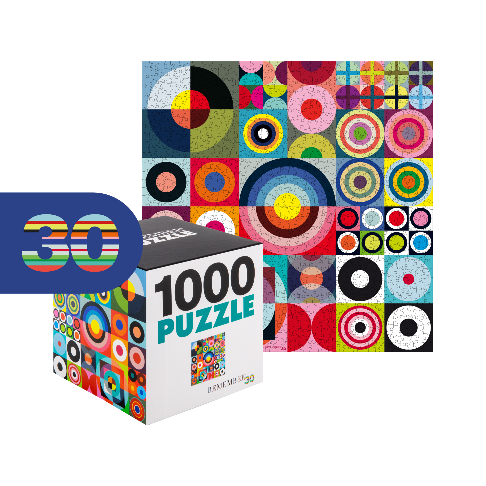 Completed Remember 30 1000-piece puzzle: bright abstract grid of circles/half-circles in red, blue, yellow, green, pink, black. White box beside it labeled “1000 PUZZLE”.