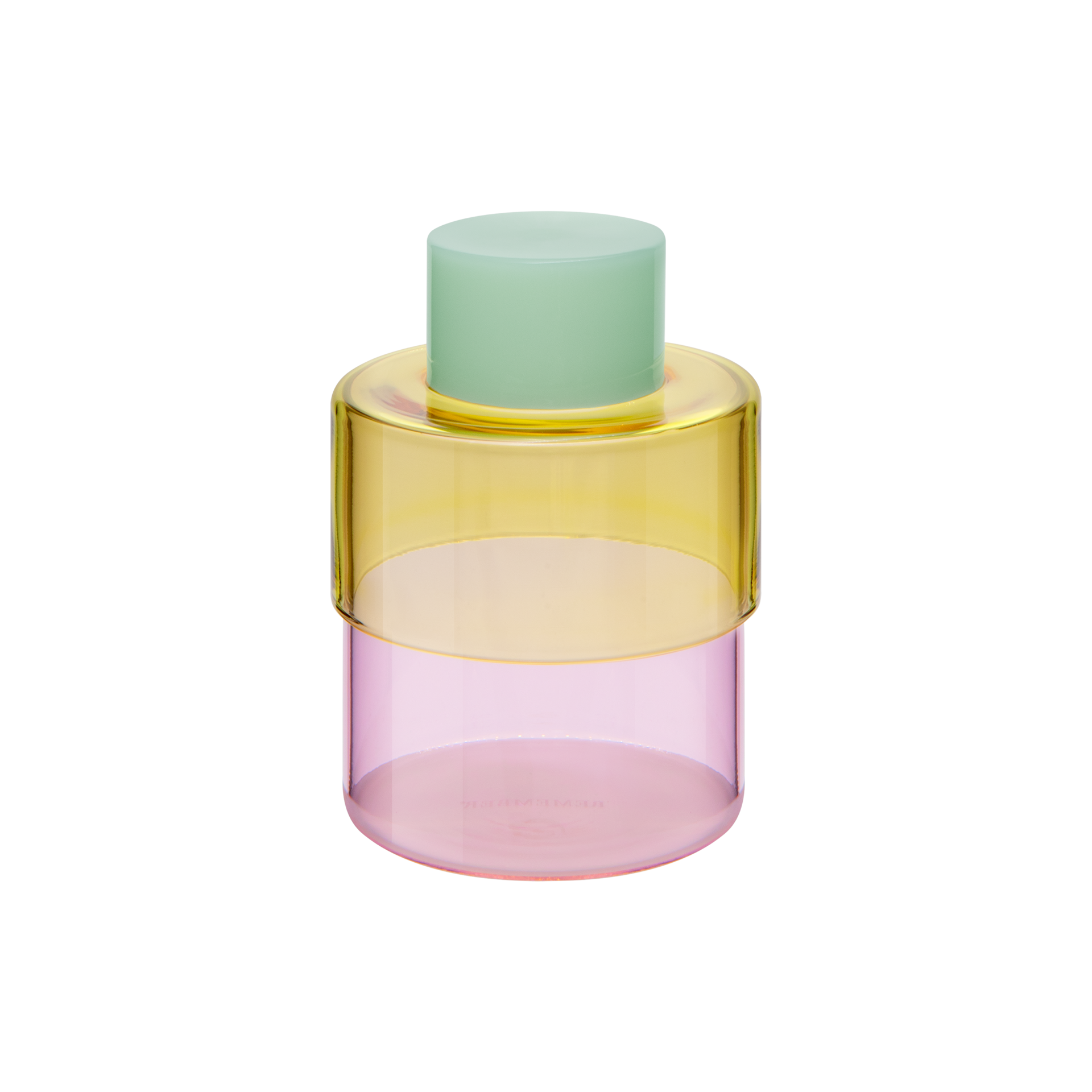 Eine zylindrische Glasdose Milou mit einem opaken, hellgrünen Deckel. Der transparente Korpus ist zweigeteilt: oben in leuchtendem Gelb und unten in sanftem Rosa. Diese lebensmittelechte Borosilikatglas-Dose ist ein stilvolles Aufbewahrungselement.