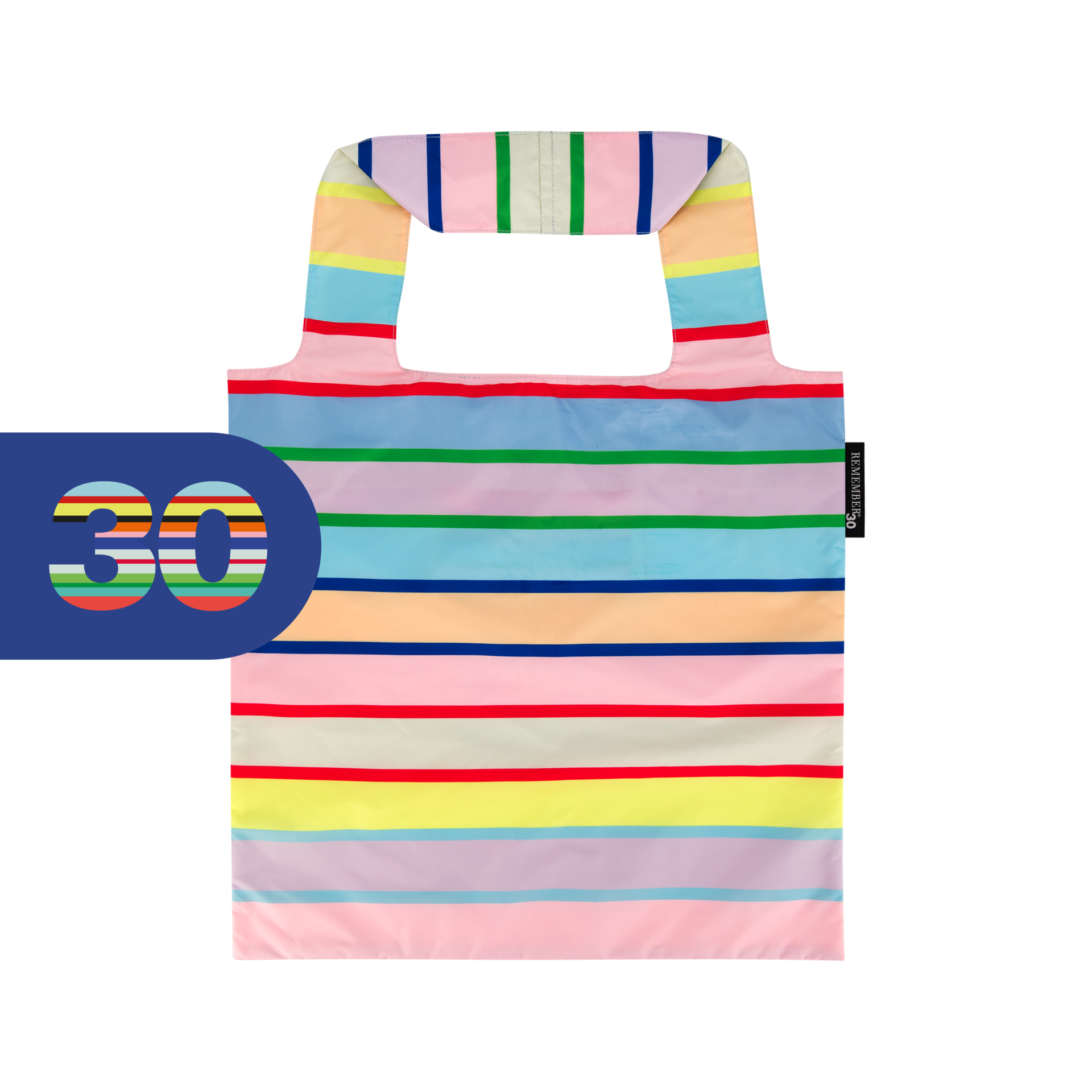 Farbenfrohe, aufrecht stehende Tragetasche mit horizontalen Streifen in Pink, Hellblau, Lila, Grün, Gelb, Orange, Rot und Dunkelblau. Die Griffe sind ebenfalls gestreift. Ein kleines Etikett mit der Aufschrift "REMEMBER 30" ist seitlich angenäht.