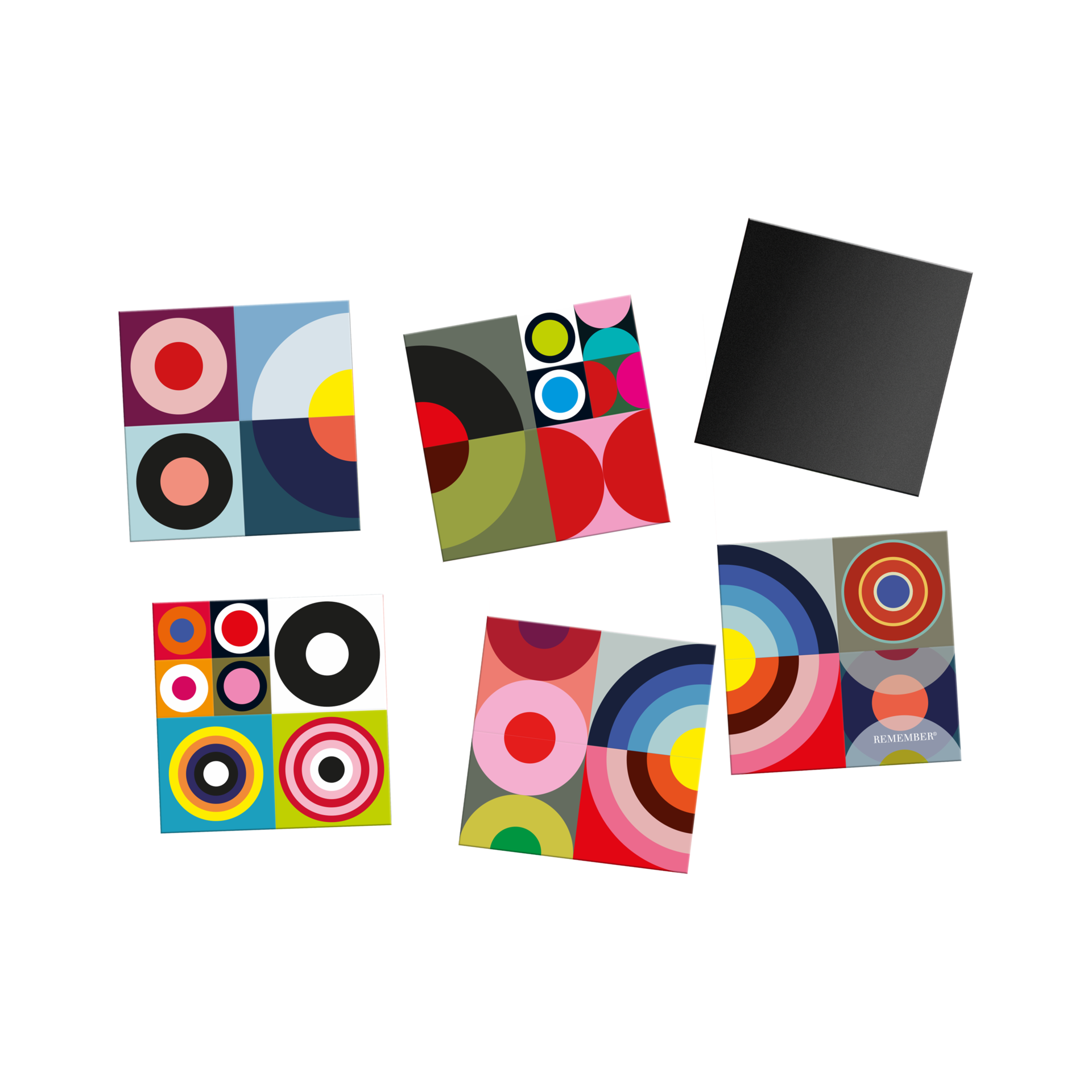 Six flexible Ronda fridge magnets featuring colourful abstract patterns on a white background. Square tiles with circles and arcs in vibrant colours, which can be combined individually or to form a ‘ REMEMBER ’ design. One is black.