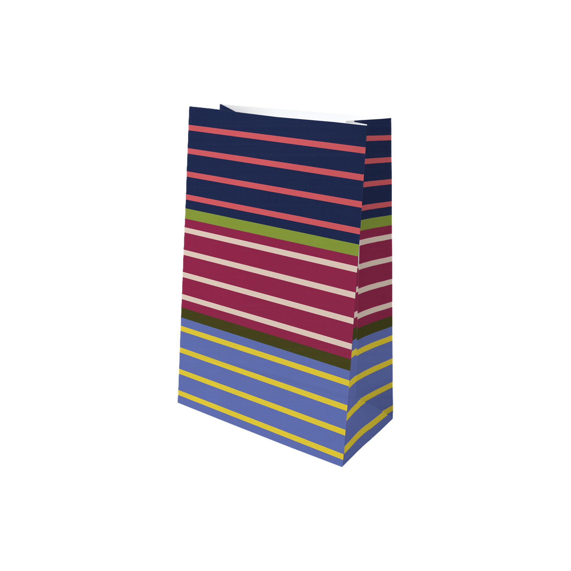 Bolsa de papel para calendario de Adviento, en vertical sobre fondo blanco. Con rayas horizontales en azul oscuro, coral, verde, morado, blanco cremoso, verde oliva y azul claro; abajo, rayas amarillas. Abertura superior.