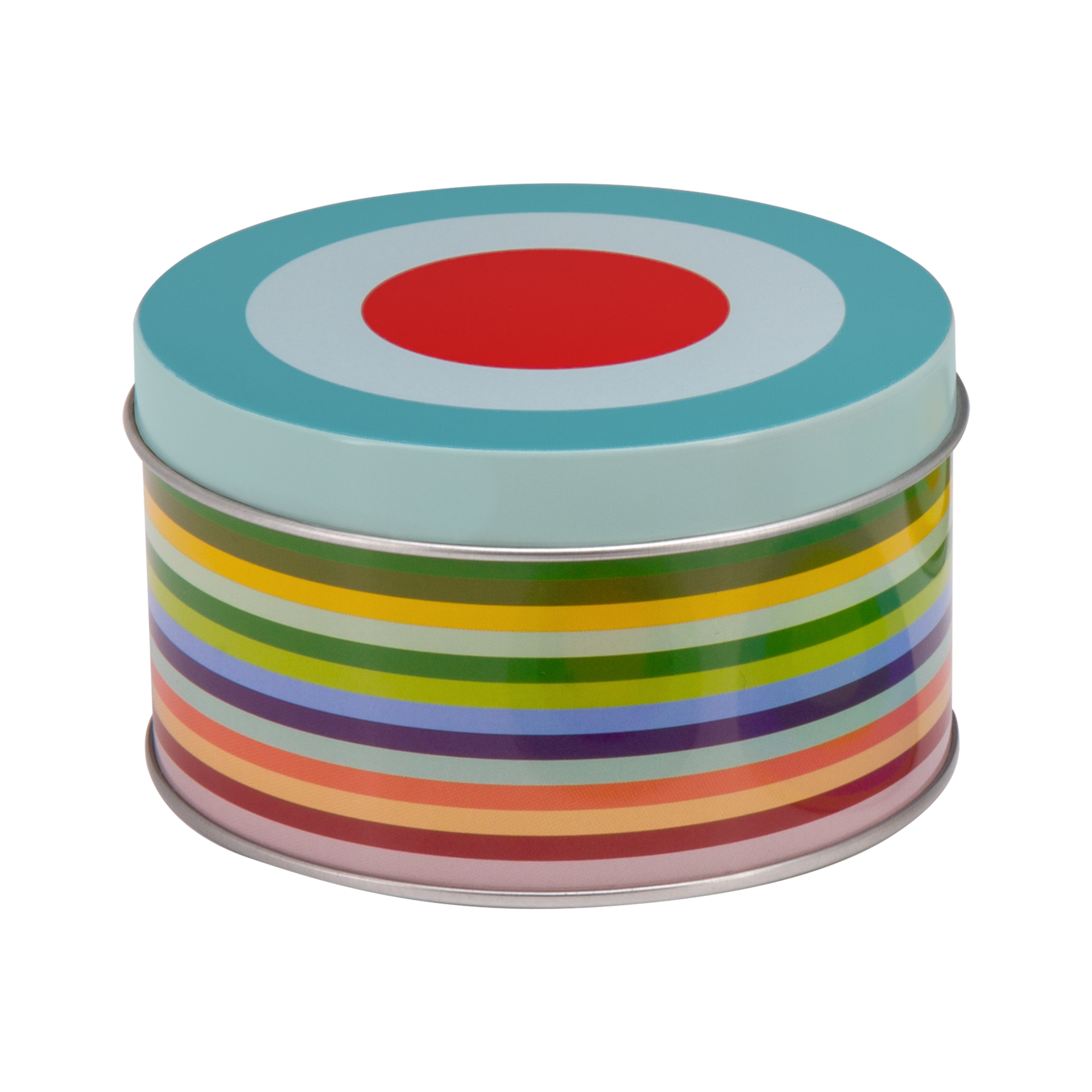 Round coaster set tin, lid with concentric circles in red, white and turquoise. The body of the box is decorated with horizontal, colourful stripes.