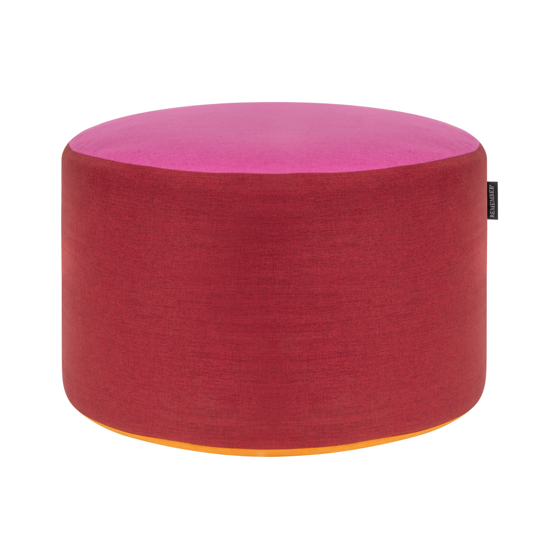 O pufe redondo Pepe berry tem um revestimento têxtil tricolor: na parte superior, rosa vivo; nas laterais, um tom mais escuro de baga. Uma fina faixa laranja na parte inferior completa o design. Pode ser utilizado como assento ou como superfície de apoio.