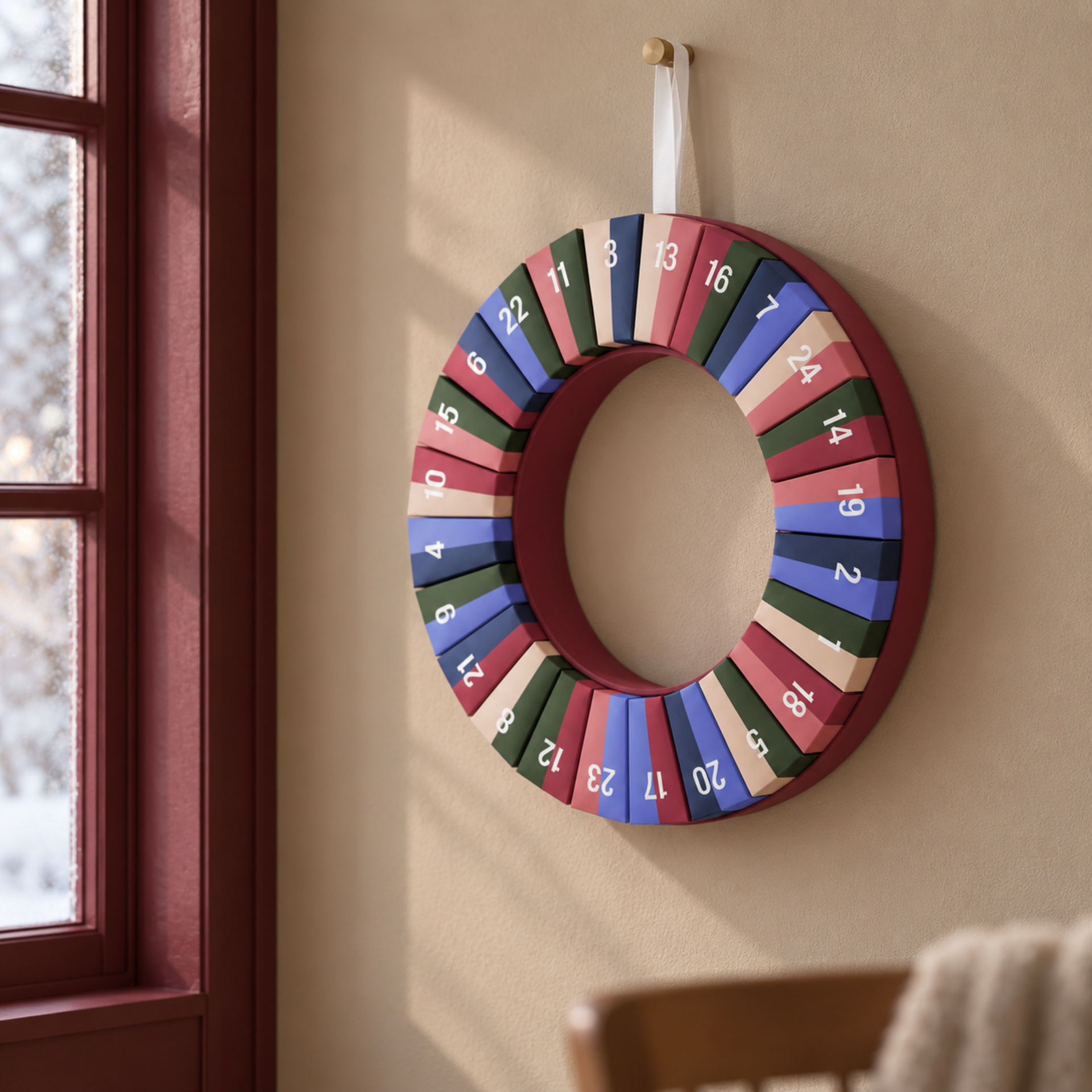 Corona circular de Adviento en pared beige: 24 paquetes numerados de colores (azul, verde, rosa, beige) forman un círculo. Se ven los números blancos del 1 al 24. A la izquierda, ventana roja con vista invernal; luz solar en ángulo.