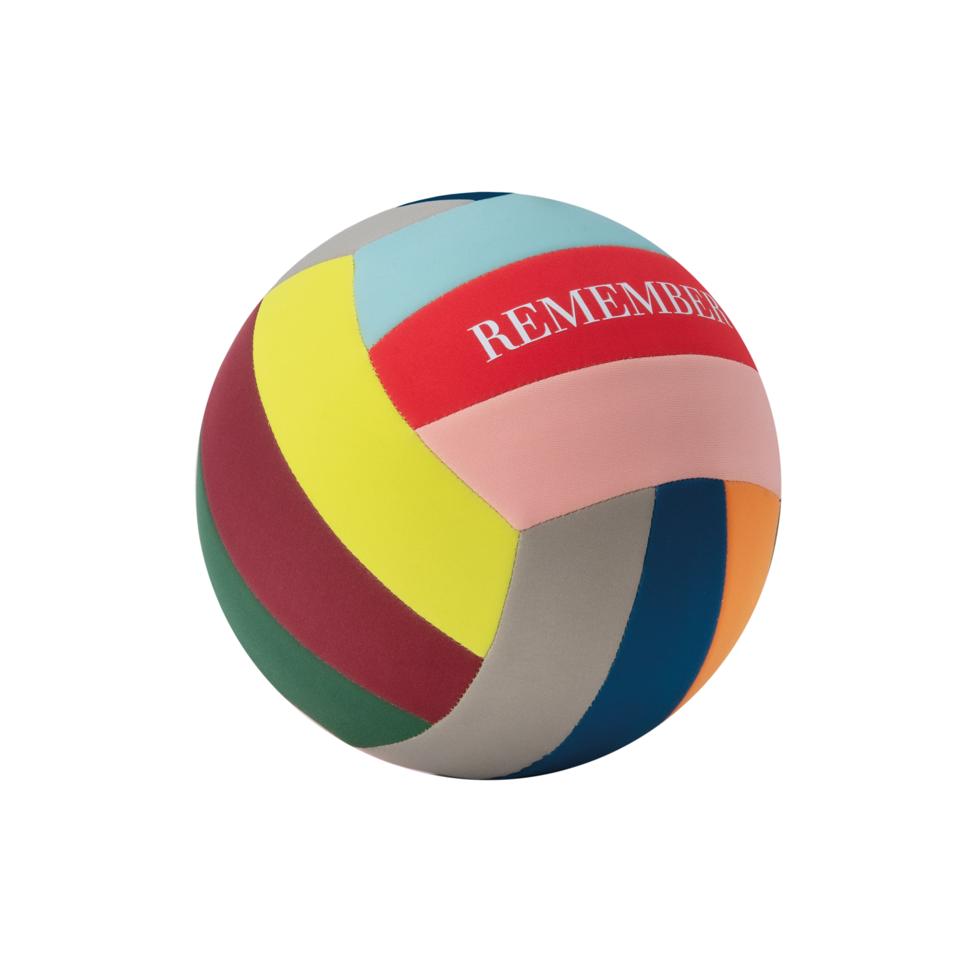 Colourful leisure ball in volleyball size with "REMEMBER" print, consisting of different coloured neoprene segments.