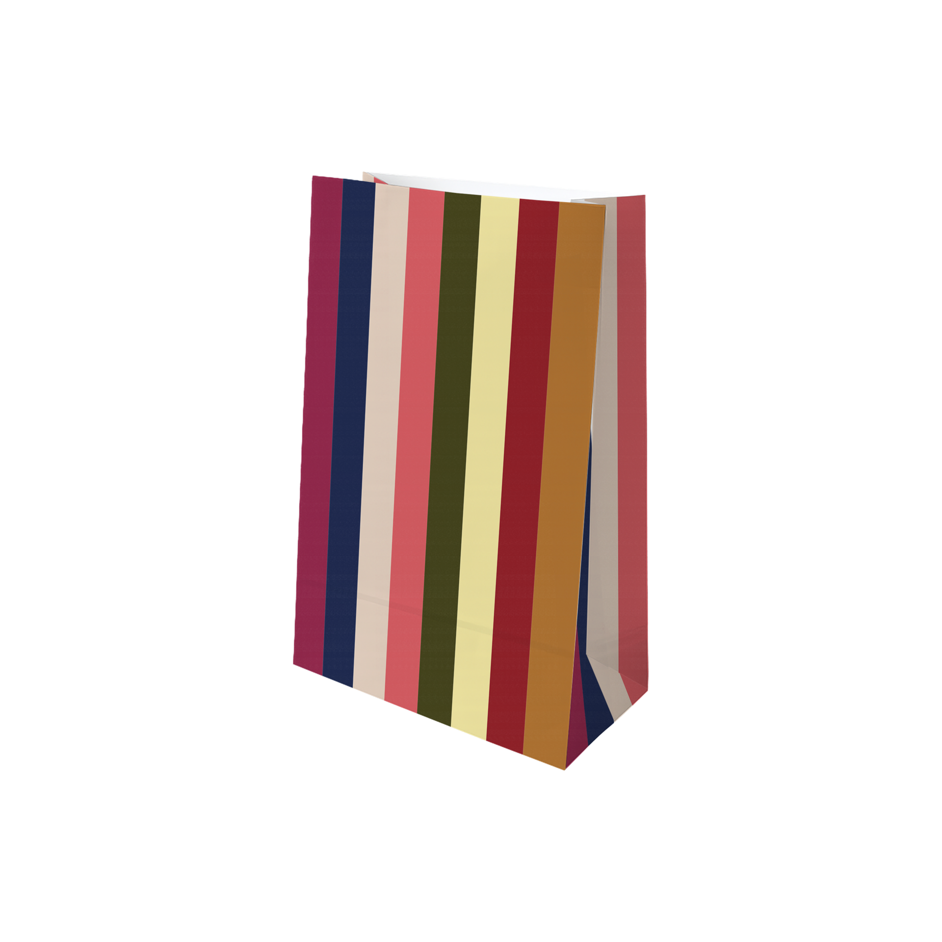 Bolsa de papel vertical para calendario de Adviento con estampado de rayas verticales de colores (rosa oscuro, azul marino, beige, rojo coral, verde oliva, amarillo claro, rojo oscuro, marrón). Inclinada, abierta arriba.