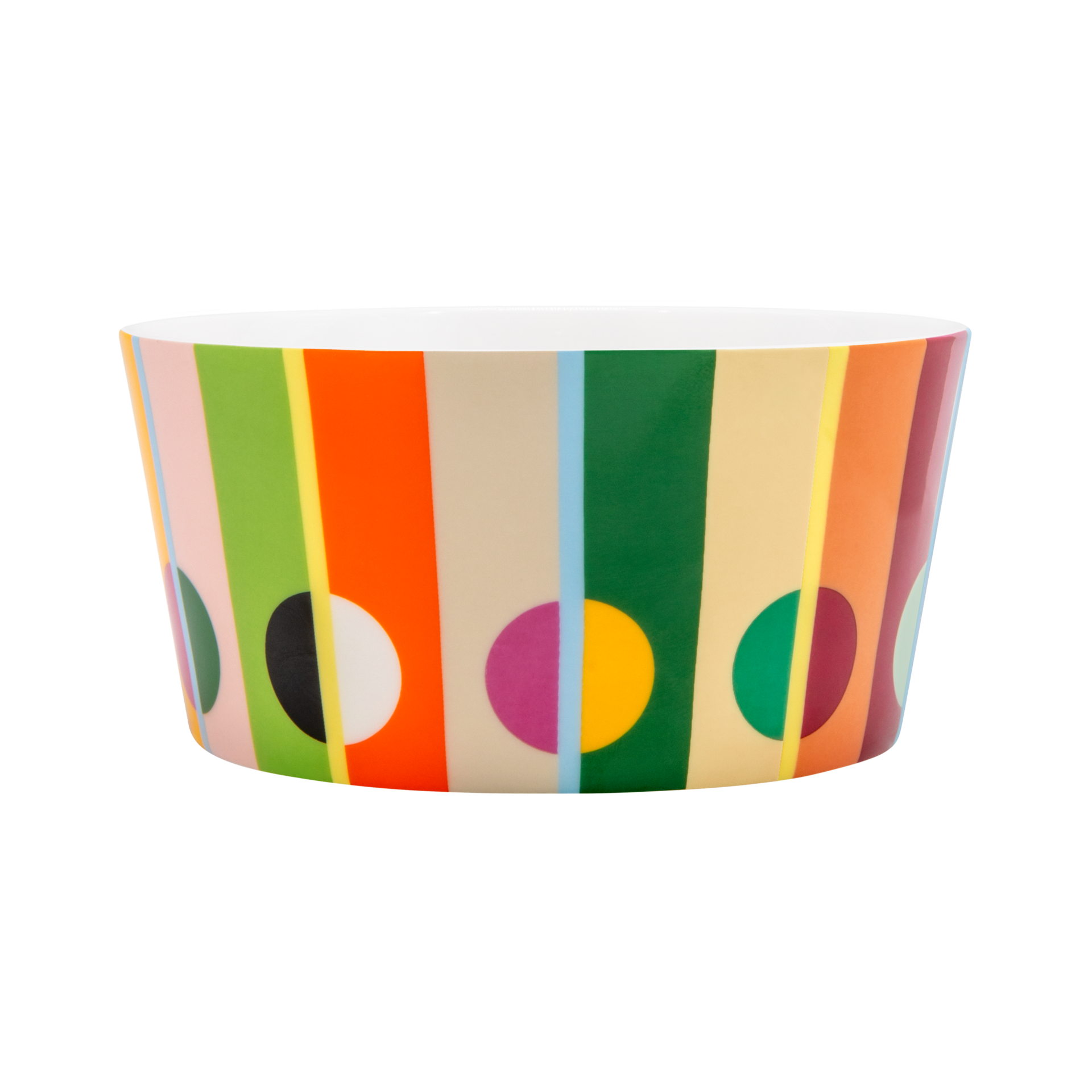 Colourful Orb cereal bowl with a striped pattern in pink, light green, orange and beige. Featuring playful circles and semicircles in magenta, yellow, green and black. Smooth, white interior, colourful.