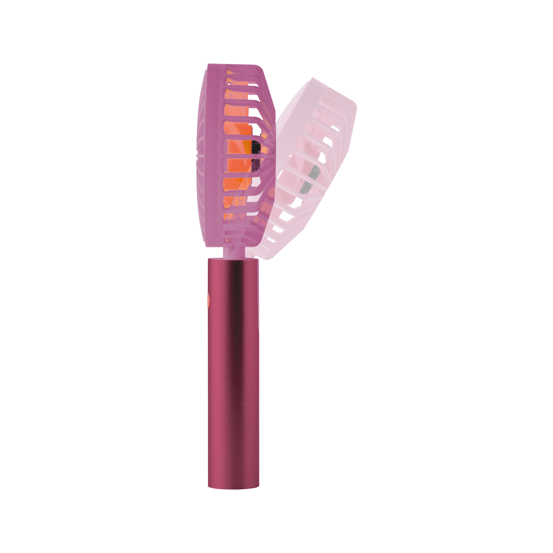 Ein 'berry' farbiger, aufladbarer Ventilator Flow mit zylindrischem Griff und schwenkbarem Kopf, dessen Bewegung als Geisterbild dargestellt wird.