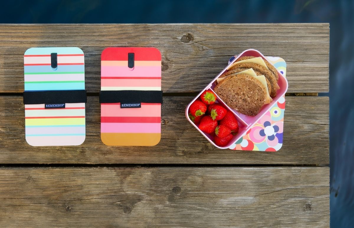 Zwei gestreifte Brotdosen auf einem Holzsteg (links Pastell, rechts Rot/Rosa), mit schwarzem Band „REMEMBER“. Daneben offene pinke Box mit Käsebroten und Erdbeeren; dahinter Wasser.