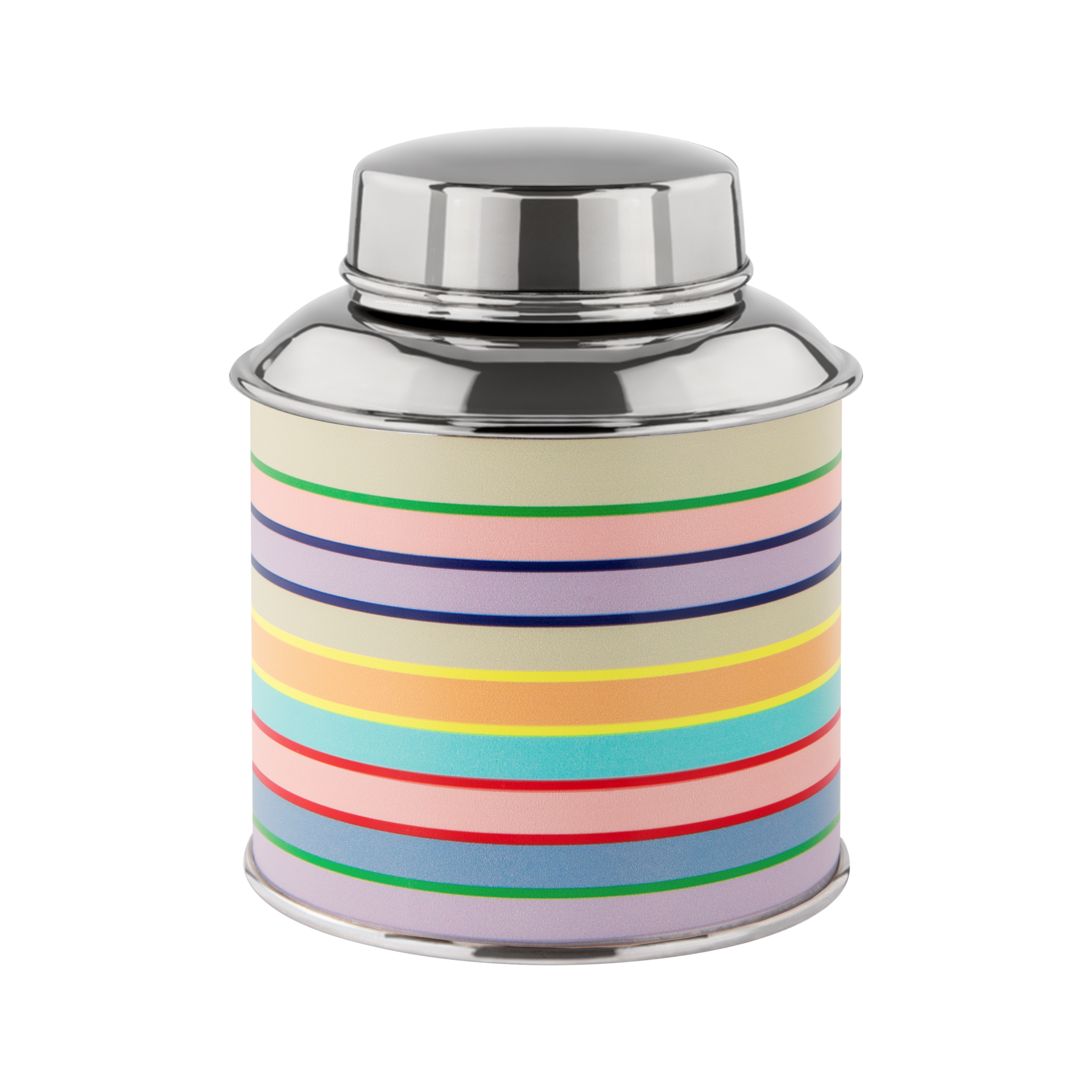 Cylindrical tea caddy with a shiny silver-coloured lid and a colourful body. Featuring horizontal pastel stripes in beige, green, pink, purple, blue, yellow, orange and red in the ‘ REMEMBER ’ design. Made from stainless steel.