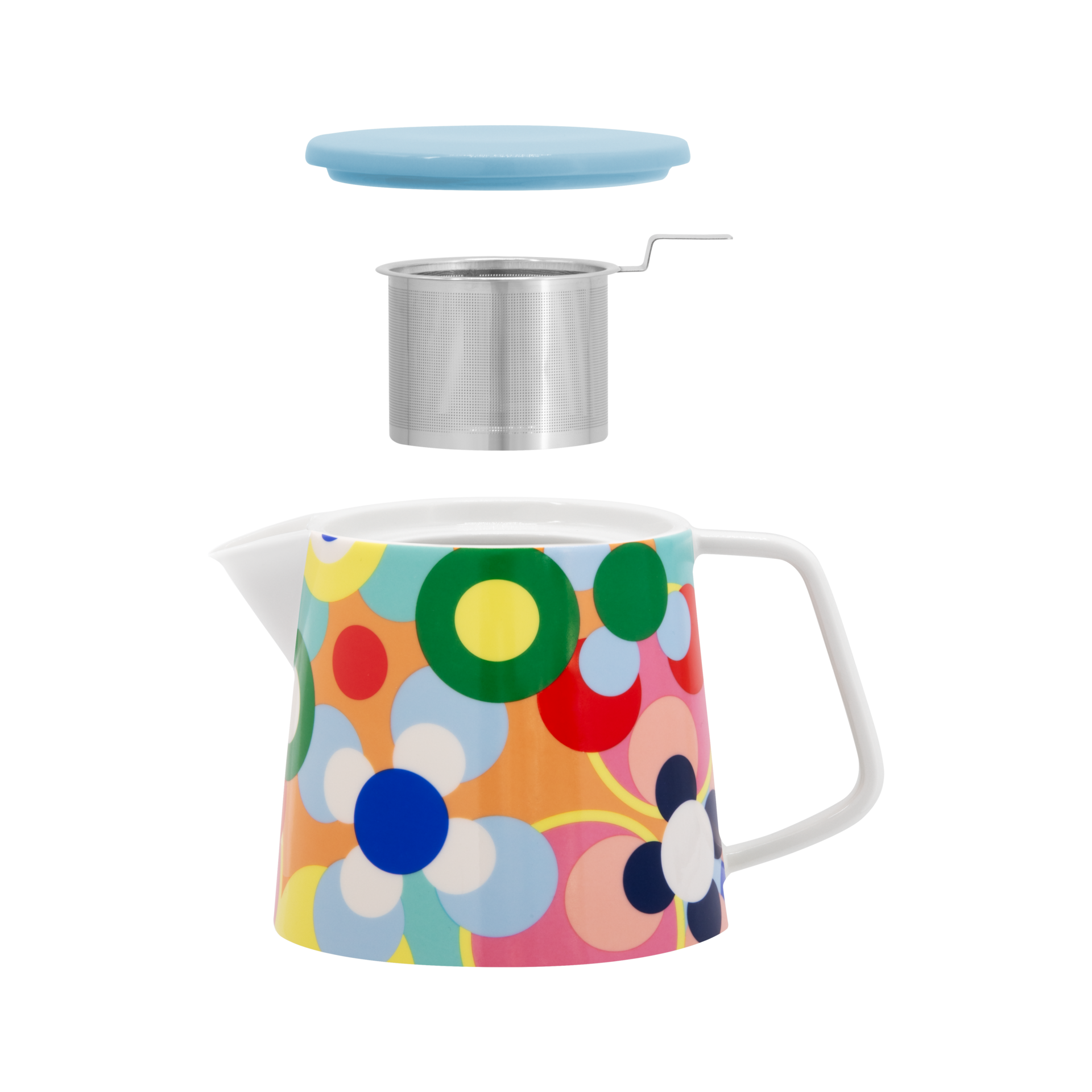 Sushi-theepot: Kleurrijke theepot met zeef en deksel. Het patroon bestaat uit cirkels die bloemen voorstellen.