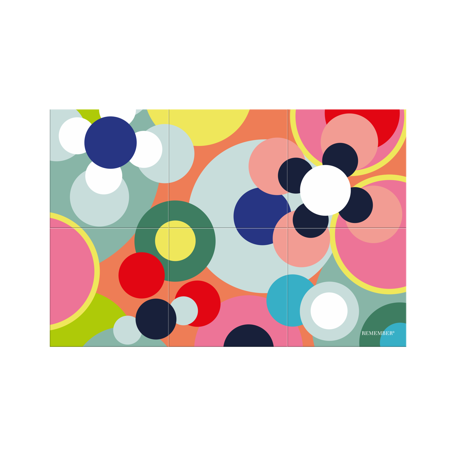 A colourful abstract design with six square segments in a rectangle. Features overlapping circles and curves in vibrant pink, orange, yellow, green, blue and white. The ‘ REMEMBER ’ R logo appears in the bottom right corner.