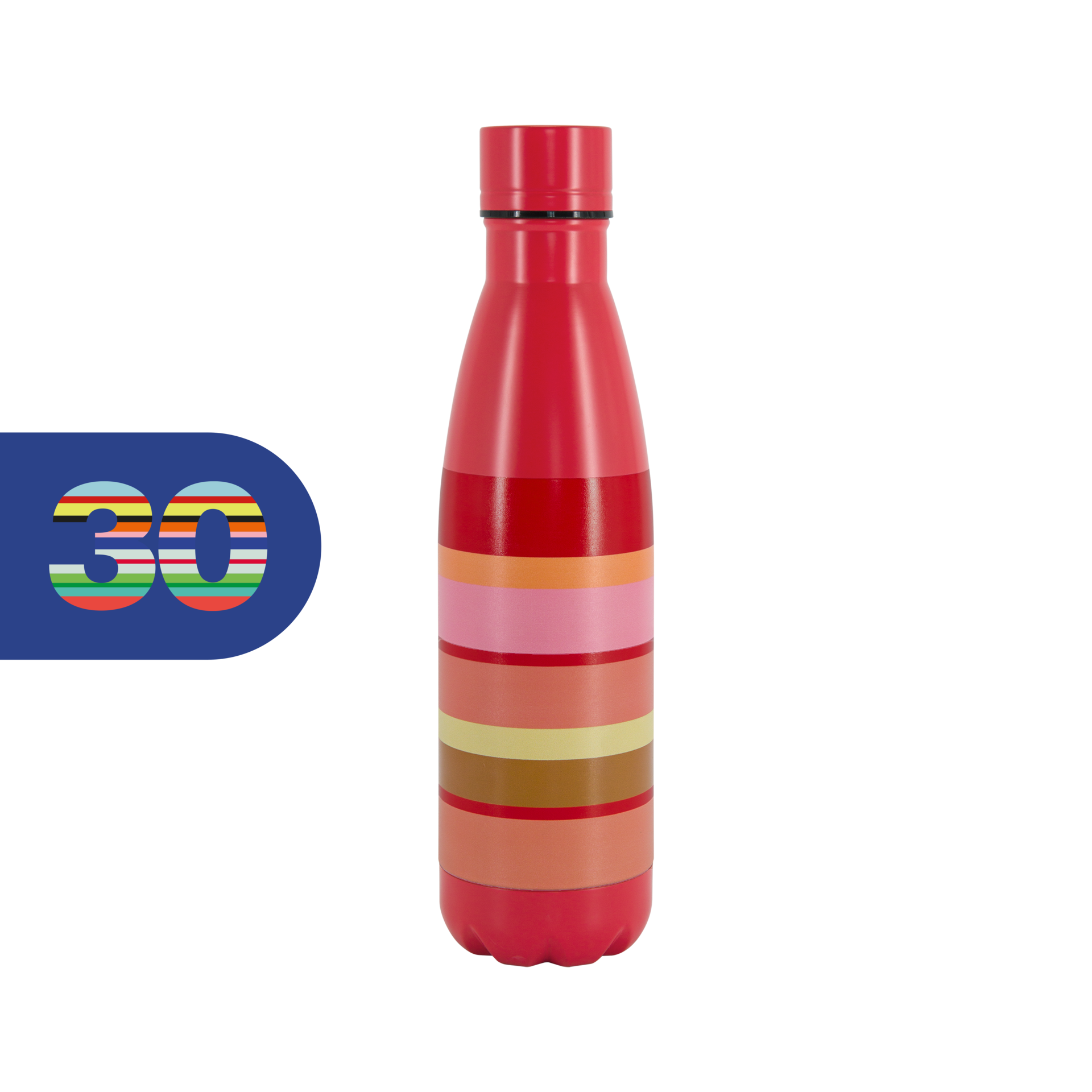 Schmale, rote Edelstahl Trinkflasche mit bunten Streifen in Rosa-, Beige- und Orangetönen. Links daneben blaues Feld mit der Zahl 30 in bunten Streifen.