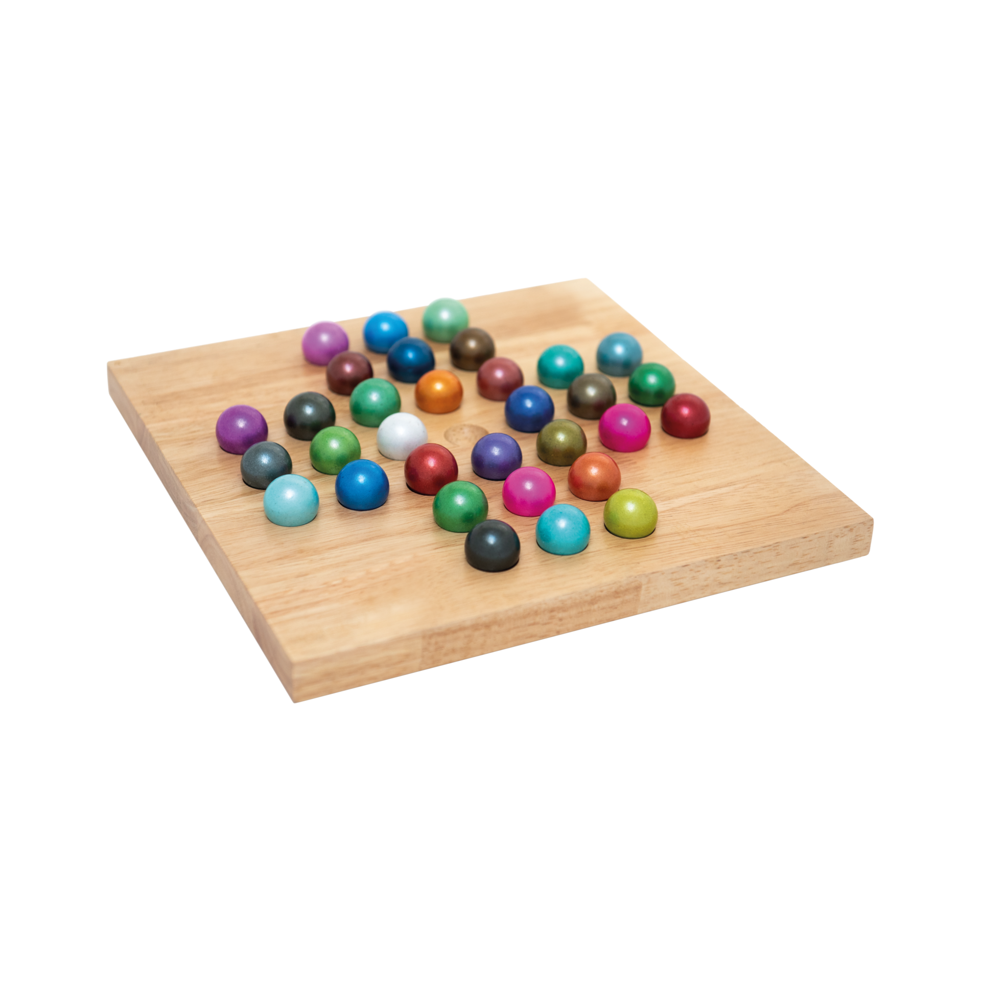 A solitaire game: Wooden board with 32 coloured glass balls.