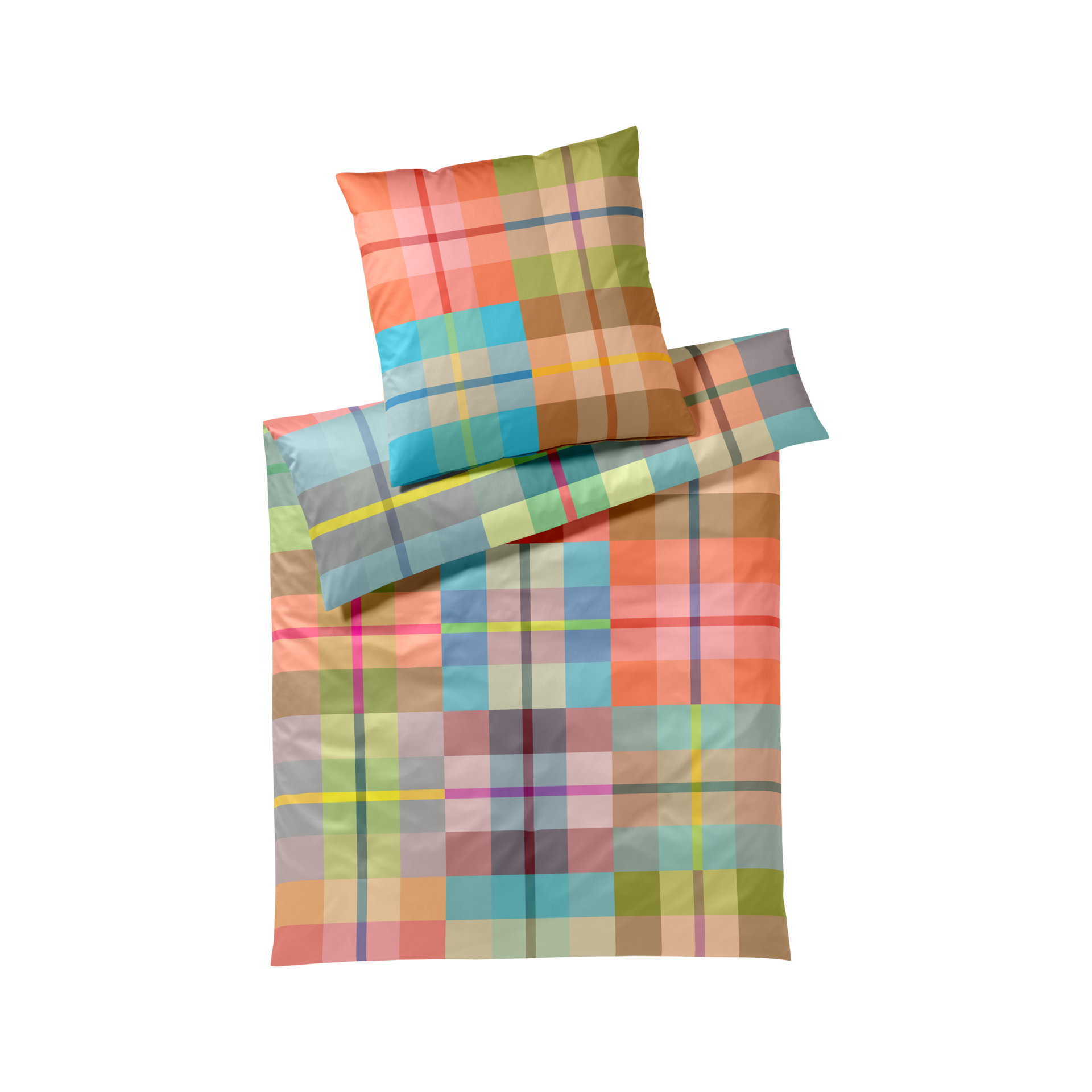 Bettwäsche 'Dundee' im lebhaften Karomuster. Bettbezug und zwei Kissenbezüge zeigen ein buntes Gitter aus Linien in Rosa, Orange, Blau, Grün, Gelb, Braun und Grau. Seidenweiche Mako-Satin-Oberfläche.