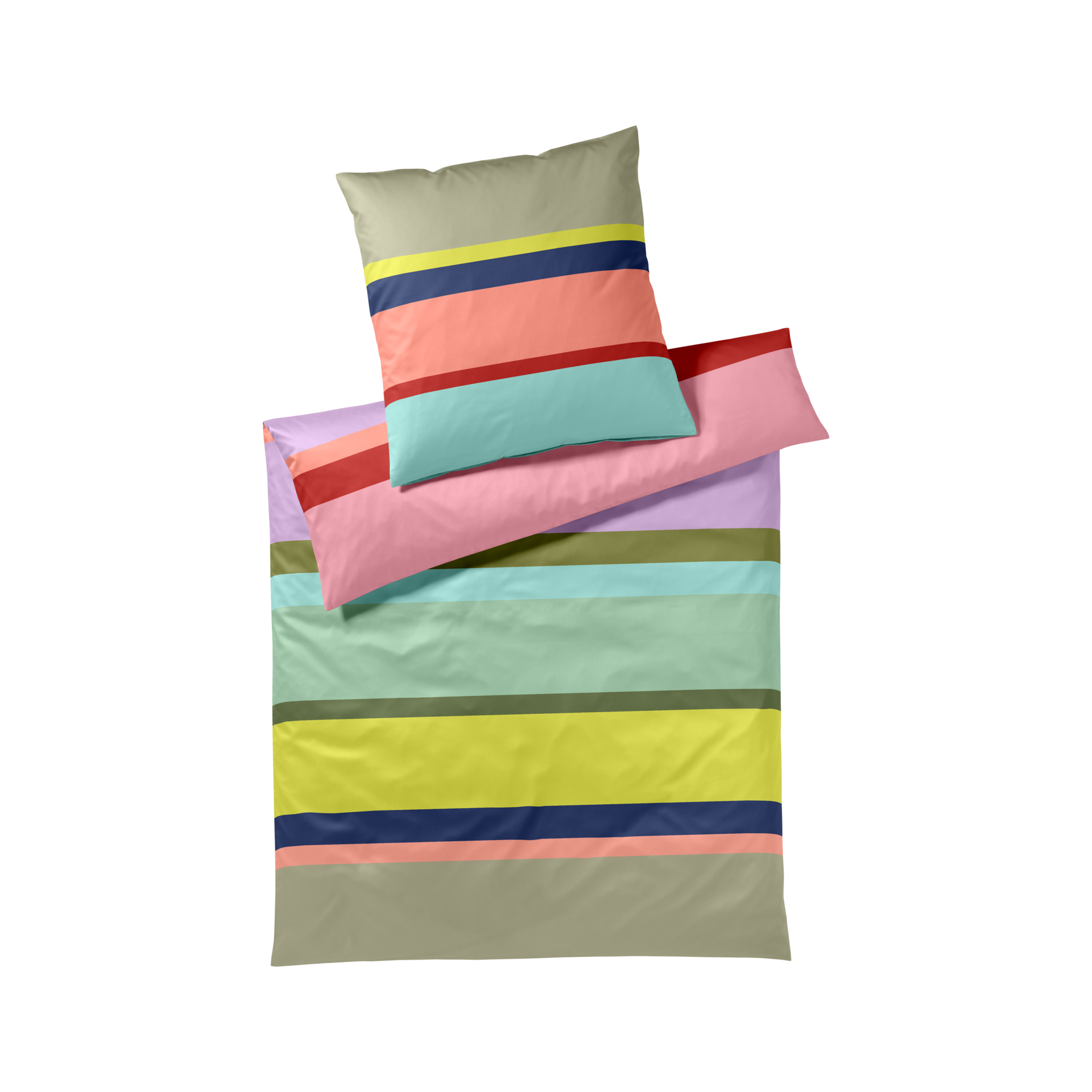 Gefaltete Bettwäschegarnitur aus seidenweichem Mako-Satin mit Kissen- und Bettbezug. Beide Bezüge zeigen breite horizontale Streifen in leuchtenden Farben wie Beige, Gelb, Dunkelblau, Koralle, Rot, Hellblau, Rosa, Lila, Oliv- und Mintgrün.