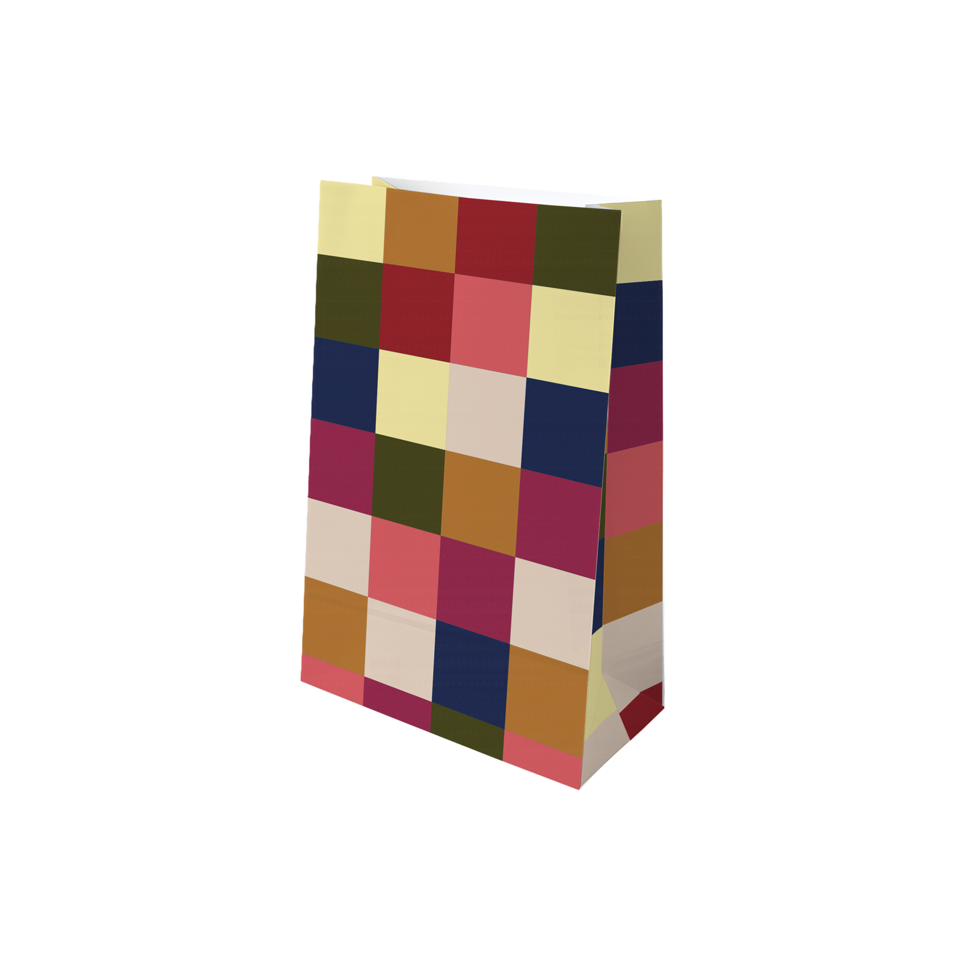 Bolsa de papel vertical para calendario de Adviento, con diseño colorido de tablero de ajedrez. Cuadrados en azul oscuro, verde oliva, amarillo crema, rosa cálido y rojo oscuro. Ligeramente girada a la derecha, muestra frente y lateral.