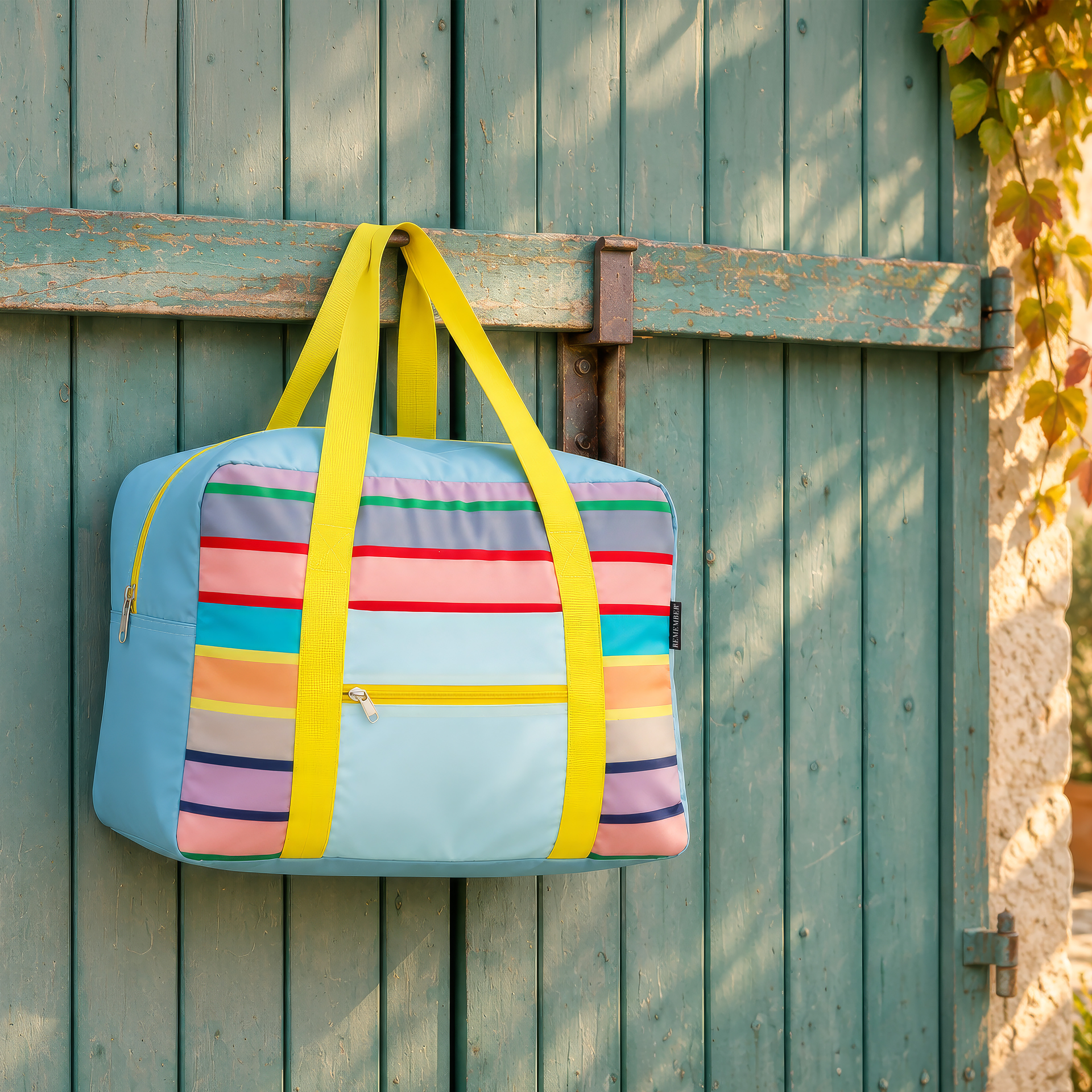 Rechteckige Freizeit- und Reisetasche mit Streifen in Hellblau, Pink, Grün, Grau, Rot, Türkis, Orange, Gelb, Dunkelblau, Lila. Ober- und Seitenbereiche sind hellblau. Zwei leuchtend gelbe Tragegriffe und gelbe Reißverschlüsse für Haupt- und Vordertasche.