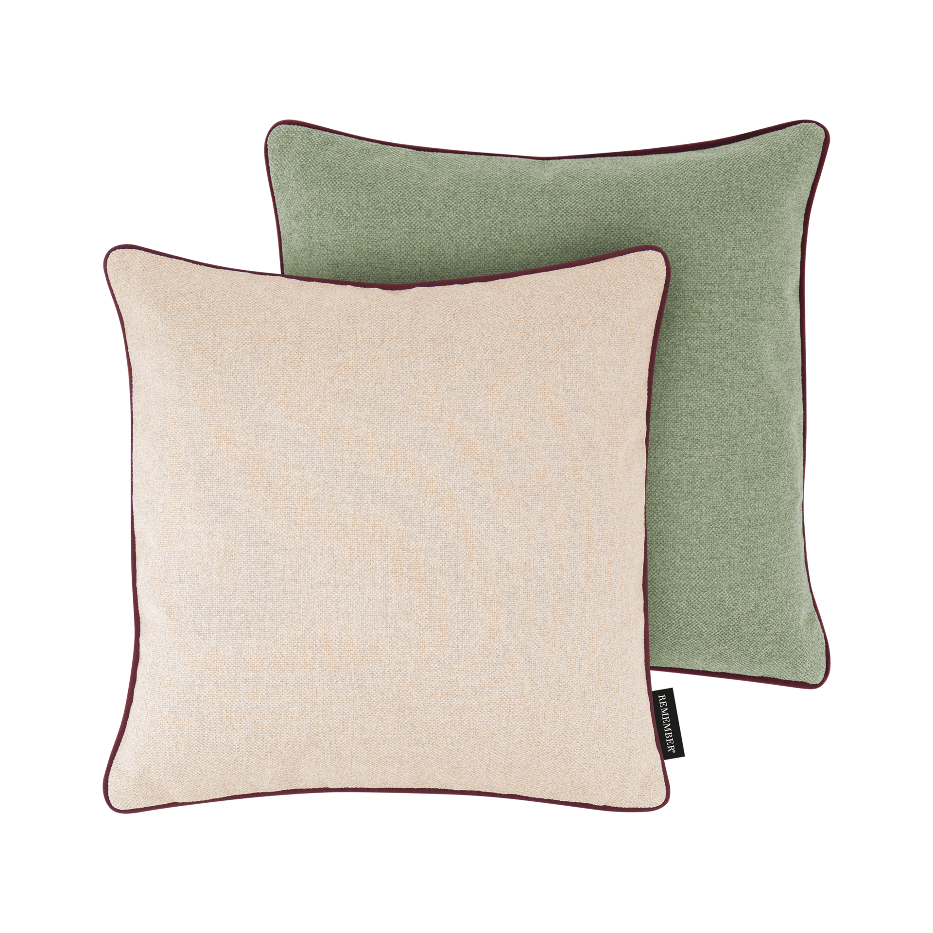 Due cuscini quadrati: uno in beige con profili bordeaux, l'altro in verde con profili bordeaux, entrambi su sfondo bianco.