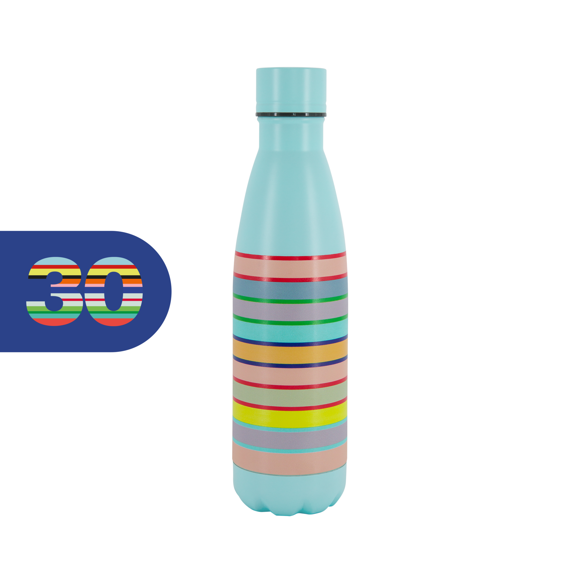 Türkisfarbene Edelstahl Trinkflasche 'Remember 30' mit bunten horizontalen Streifen. Links daneben ist die Zahl '30' in einem blauen Feld.