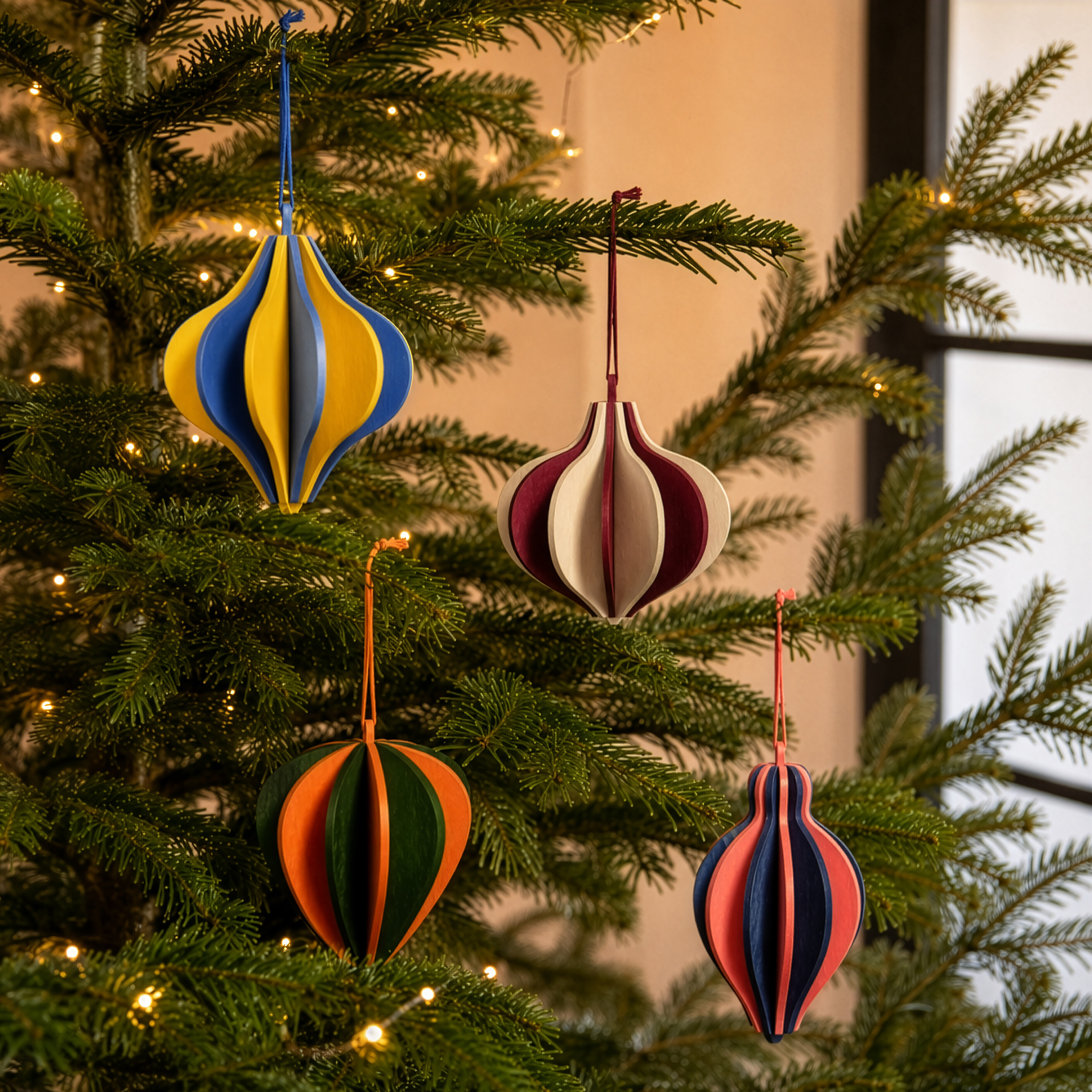 Four two-tone wooden baubles hang from a decorated Christmas tree with twinkling fairy lights. The baubles come in various shapes and colour combinations: blue and yellow, dark red and beige, green and orange, and dark blue and coral.
