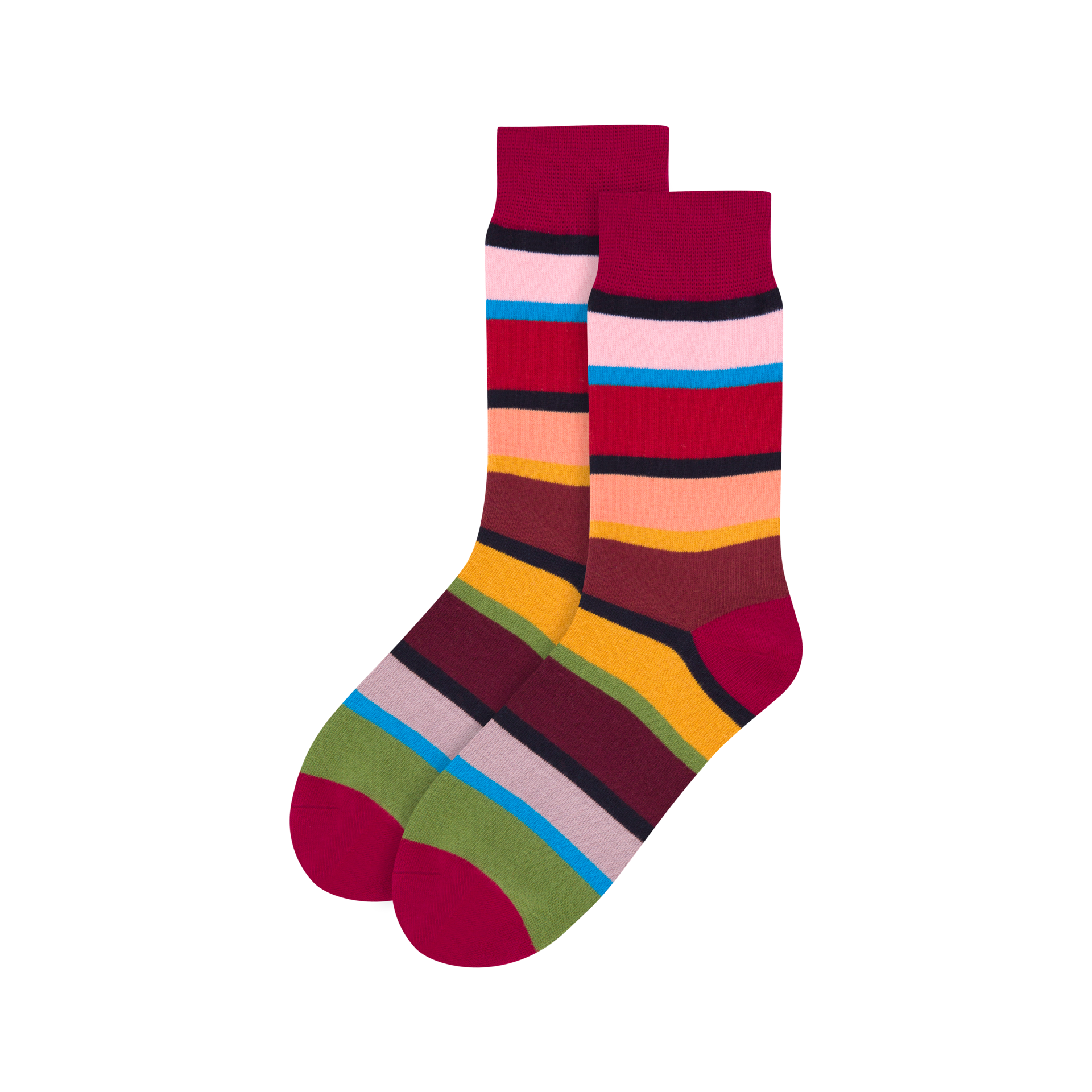 Dos calcetines de colores, talla 36-41, con rayas horizontales en rojo, rosa, verde, amarillo y azul.