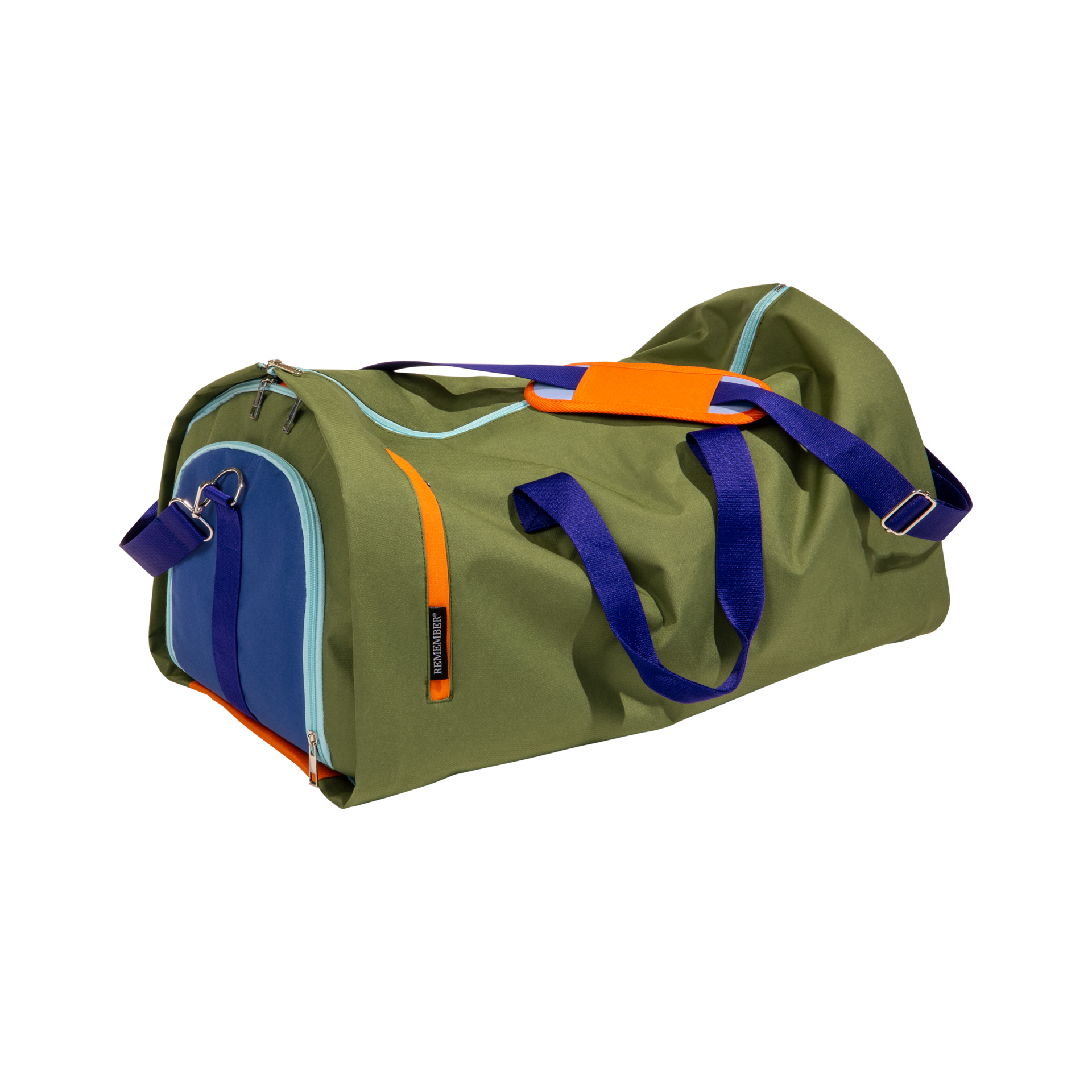 Olivegrüne Reisetasche Lennard, schräg gezeigt. Mit blauen Tragegriffen, Schultergurt mit orangefarbenem Polster und dunkelblauen Seitenfächern mit hellblauen Reißverschlüssen. Wasserabweisend, ideal für unterwegs.