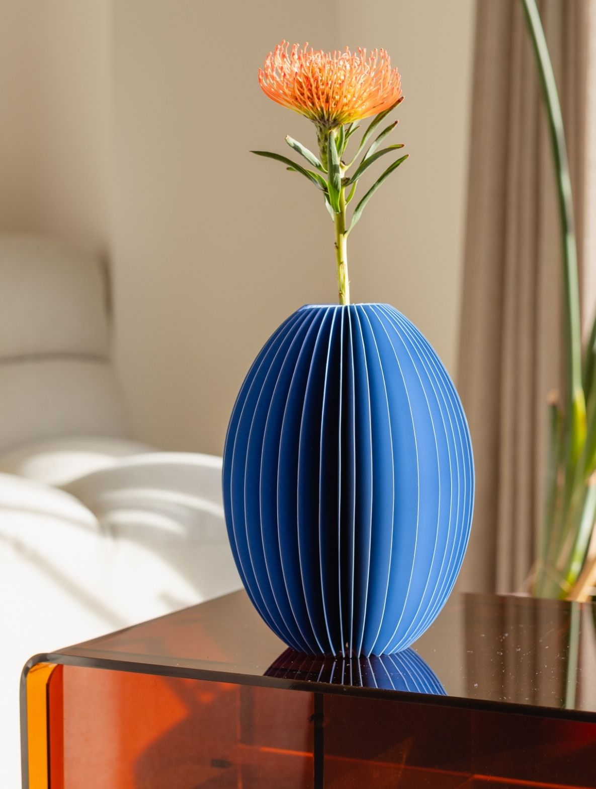 Eine orangefarbene Protea mit zarten, fadenförmigen Blütenblättern steckt in einer runden, dunkelblauen Vase mit vertikalen Falten. Sie steht auf einer glänzenden, durchsichtigen Tischplatte mit orangefarbenem Schimmer.