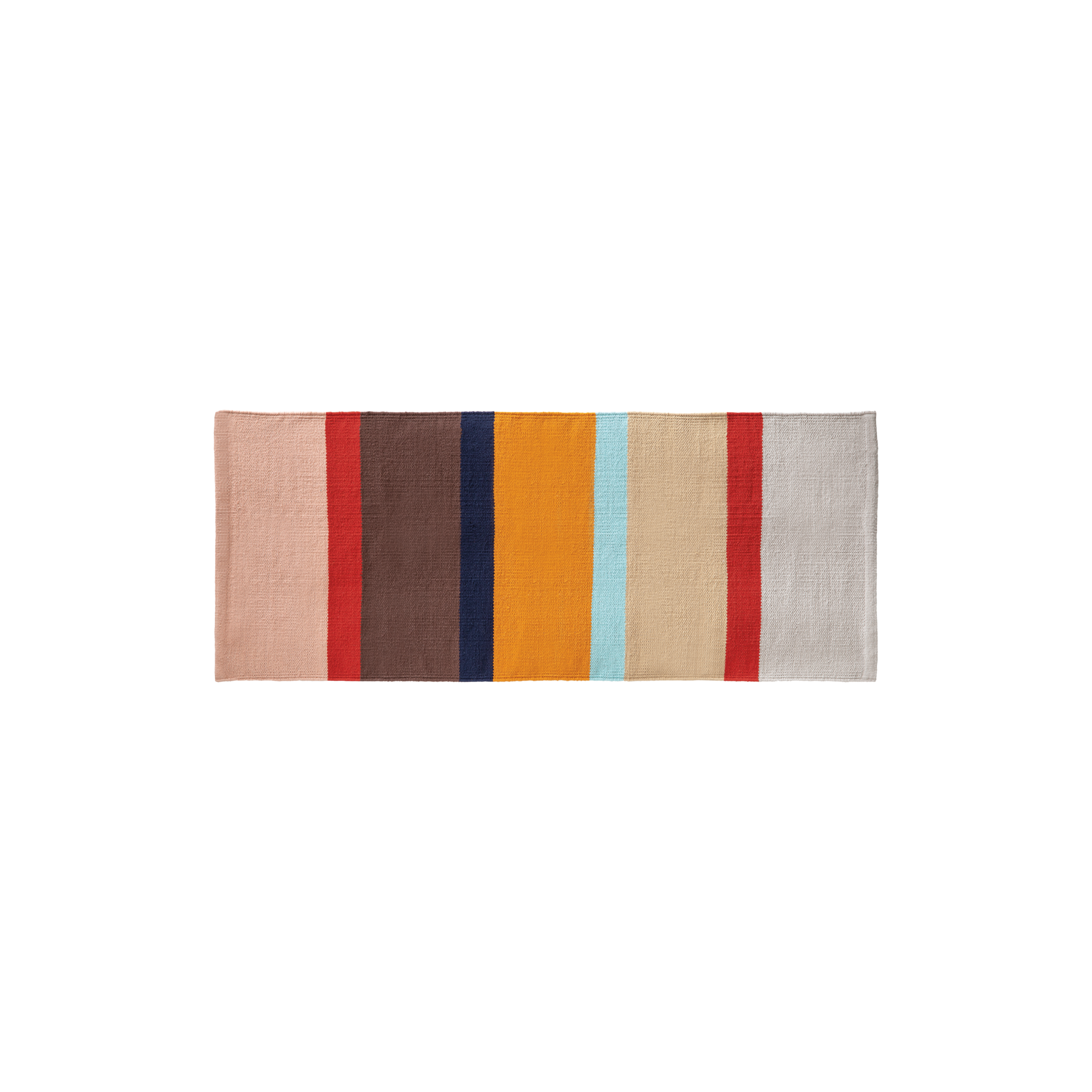 Hand-woven, short-pile carpet runner 'Zaza' made of cotton with colourful stripes in shades of brown, red, orange and blue on a light background.