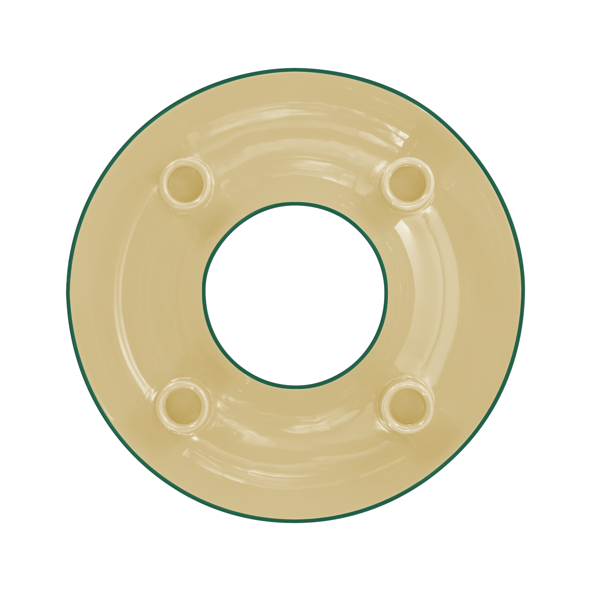 Plat élégant pour couronne de l'Avent beige en céramique dolomitique, bord vert foncé sur surface blanche. Quatre bougies cylindriques blanches, élancées et fixées dans des supports intégrés au plat rond. Ouverture centrale.