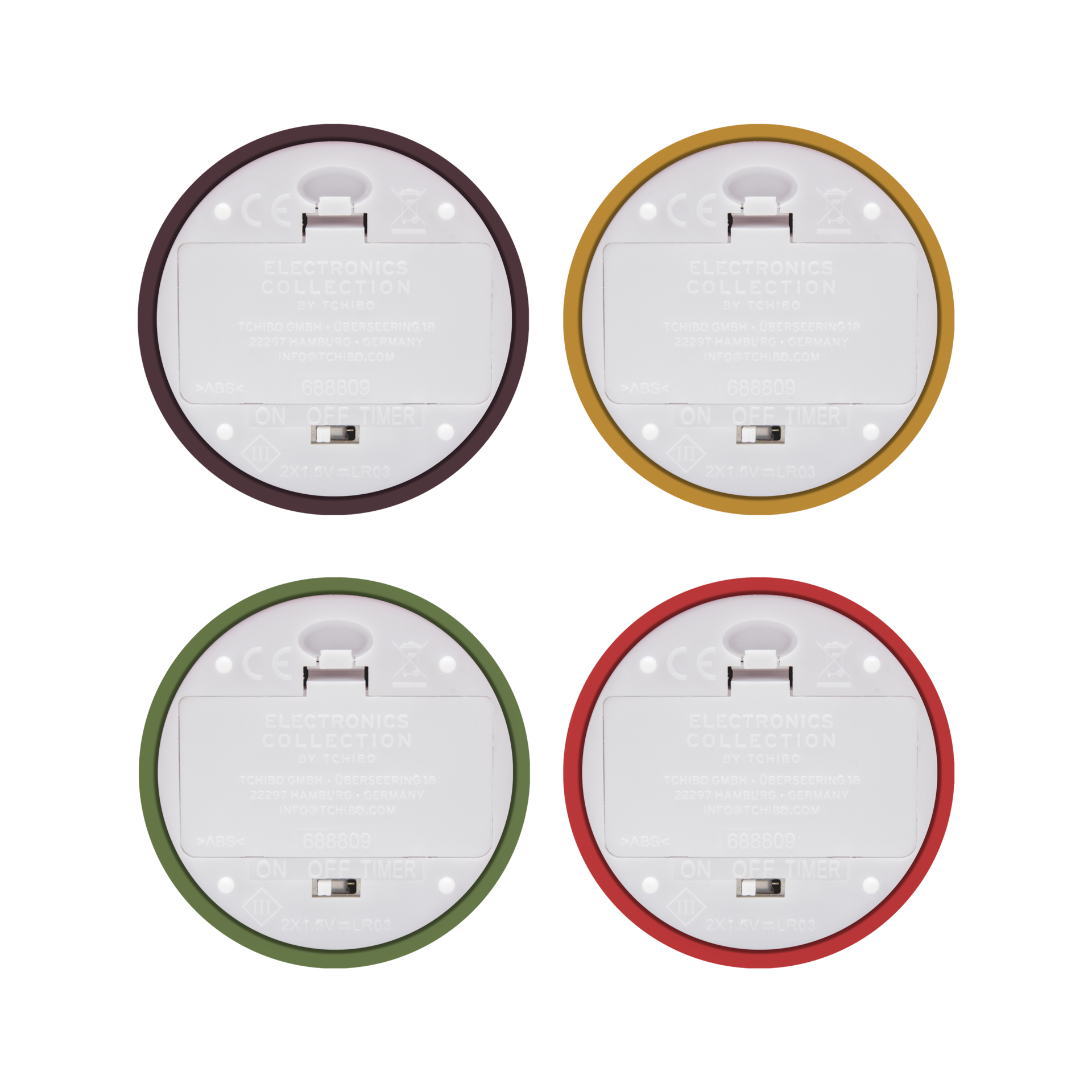 Vier LED theelichtjes in een set, achteraan met batterijvakje, timerfunctie en 'aan/uit'-schakelaar in bruin, geel, groen en rood.