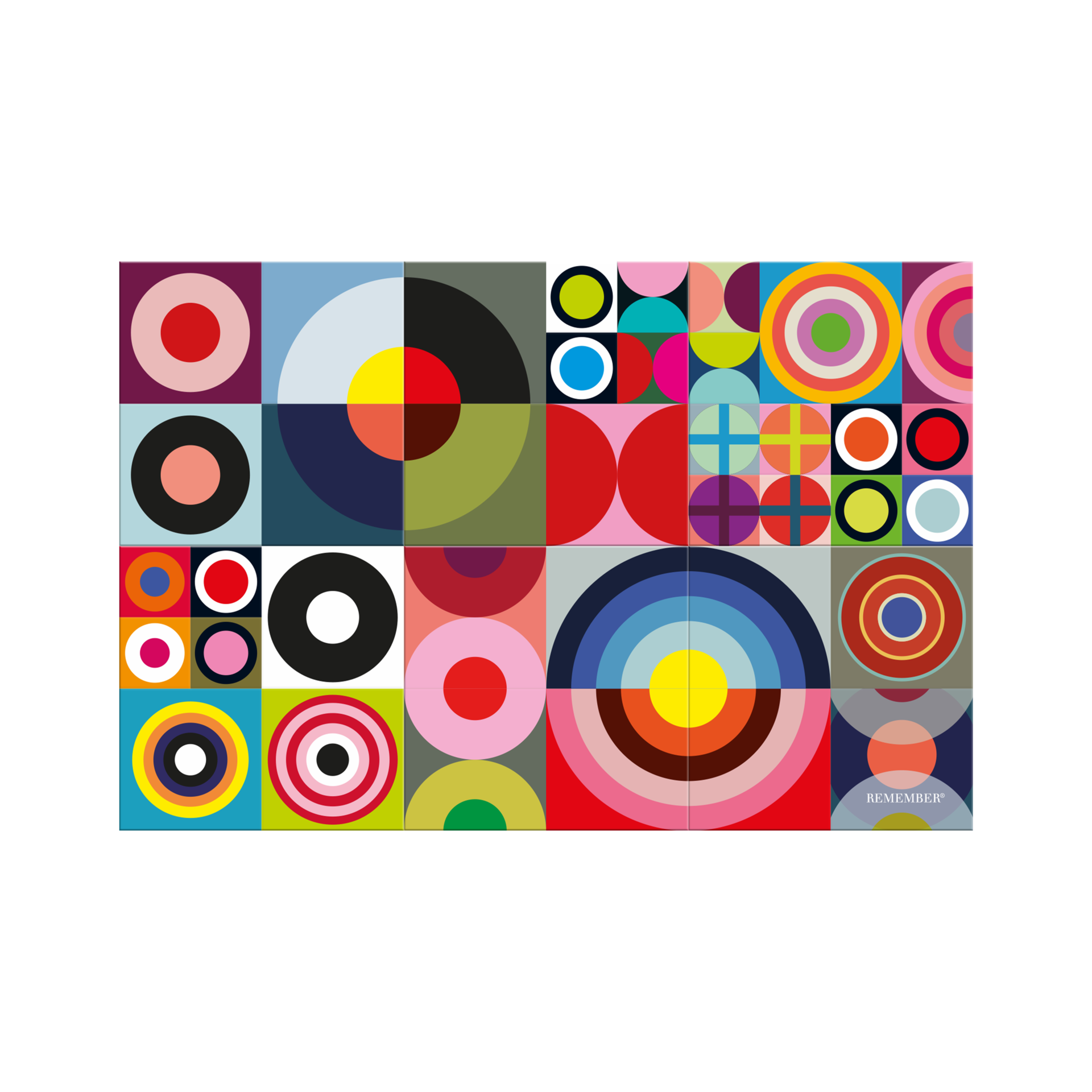 A colourful mosaic made up of 16 square magnetic tiles that together form an abstract geometric pattern. Each tile features circles, semicircles or arcs in bright colours such as red, blue, yellow, green and pink.