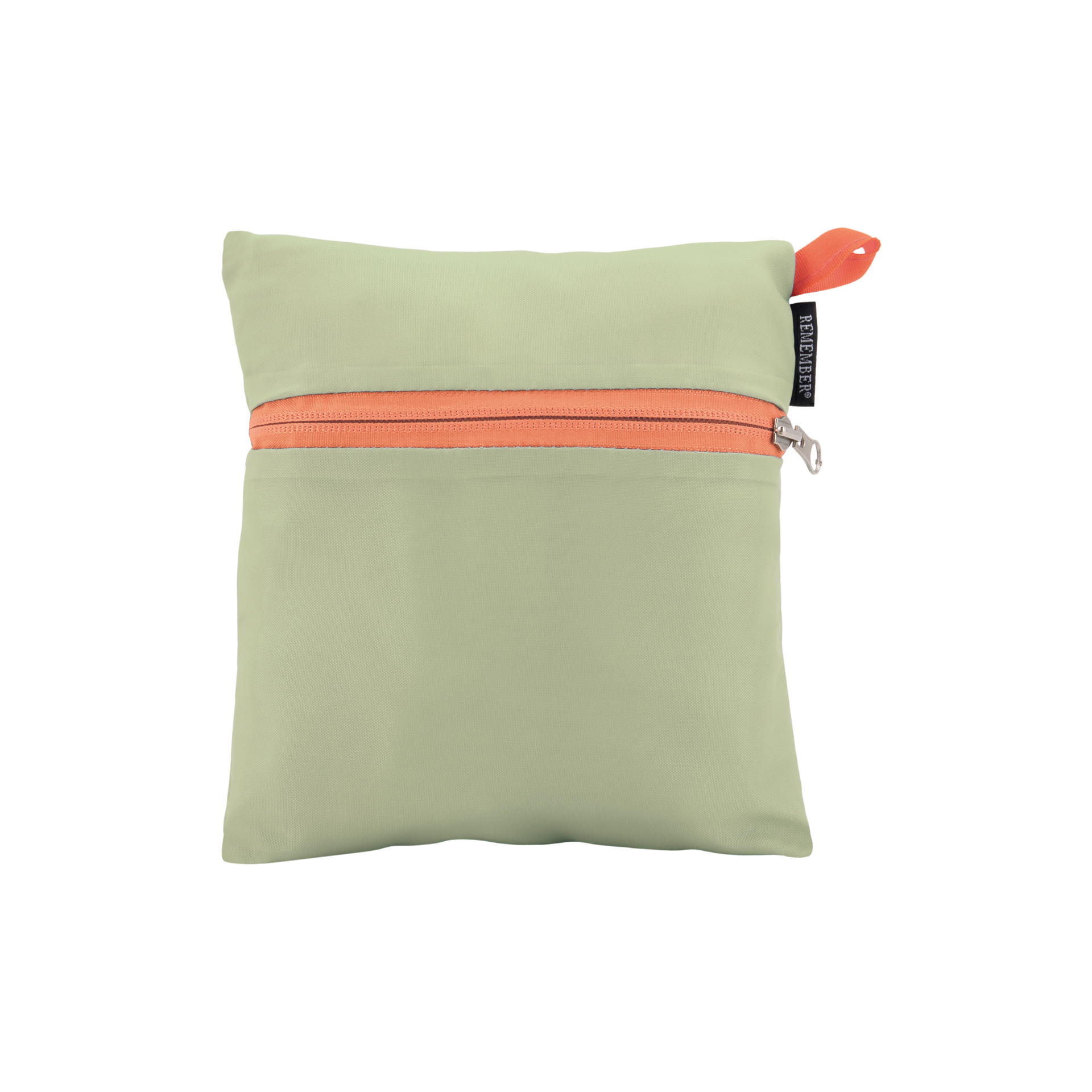 Bolsa de viaje «Liz» plegada, de color verde claro, con cremallera naranja y asa de transporte, así como una pequeña etiqueta con el logotipo.