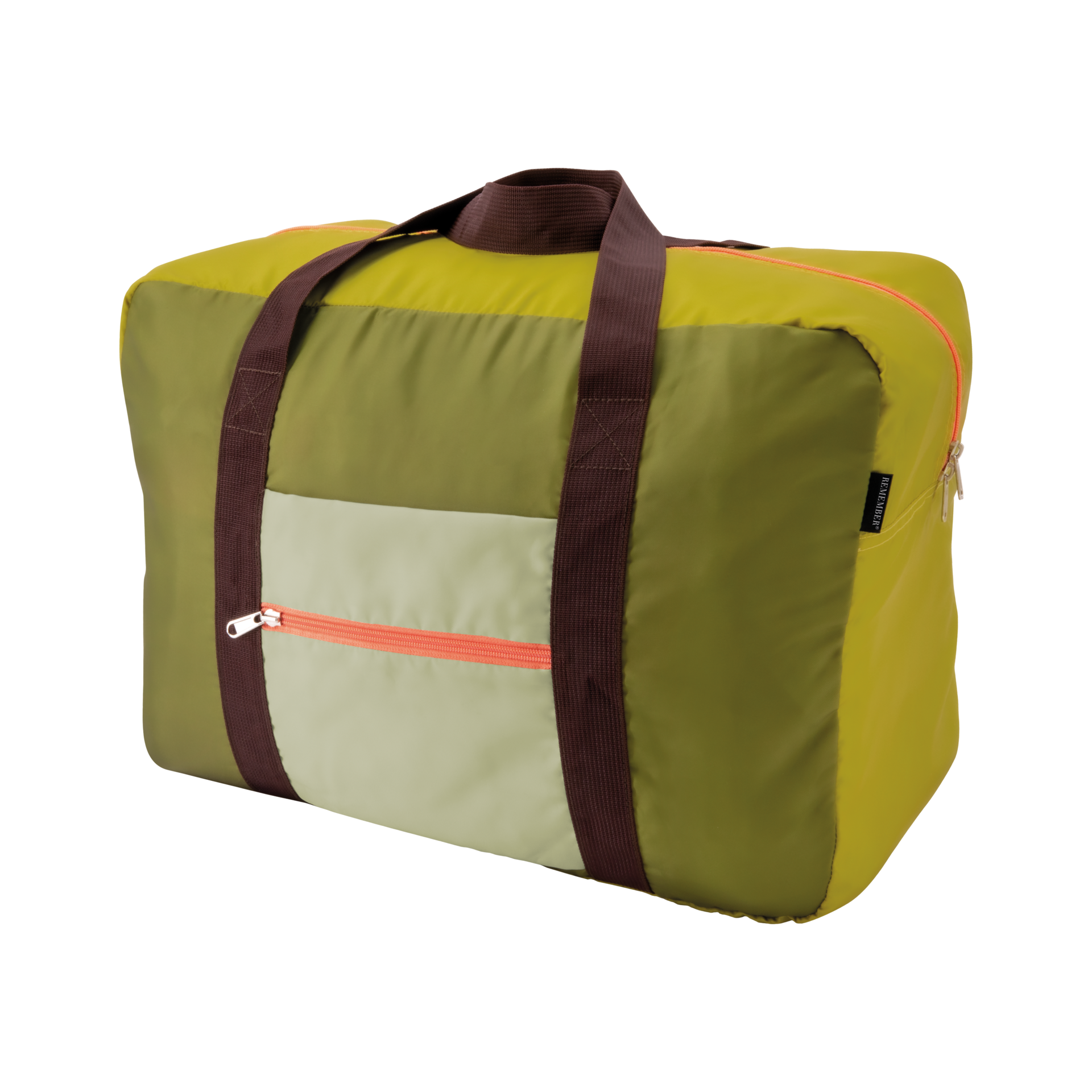 Bolsa de viaje para el tiempo libre «Liz» en amarillo y verde oliva con asas marrones. En la parte delantera hay un bolsillo exterior más claro con cremallera naranja.