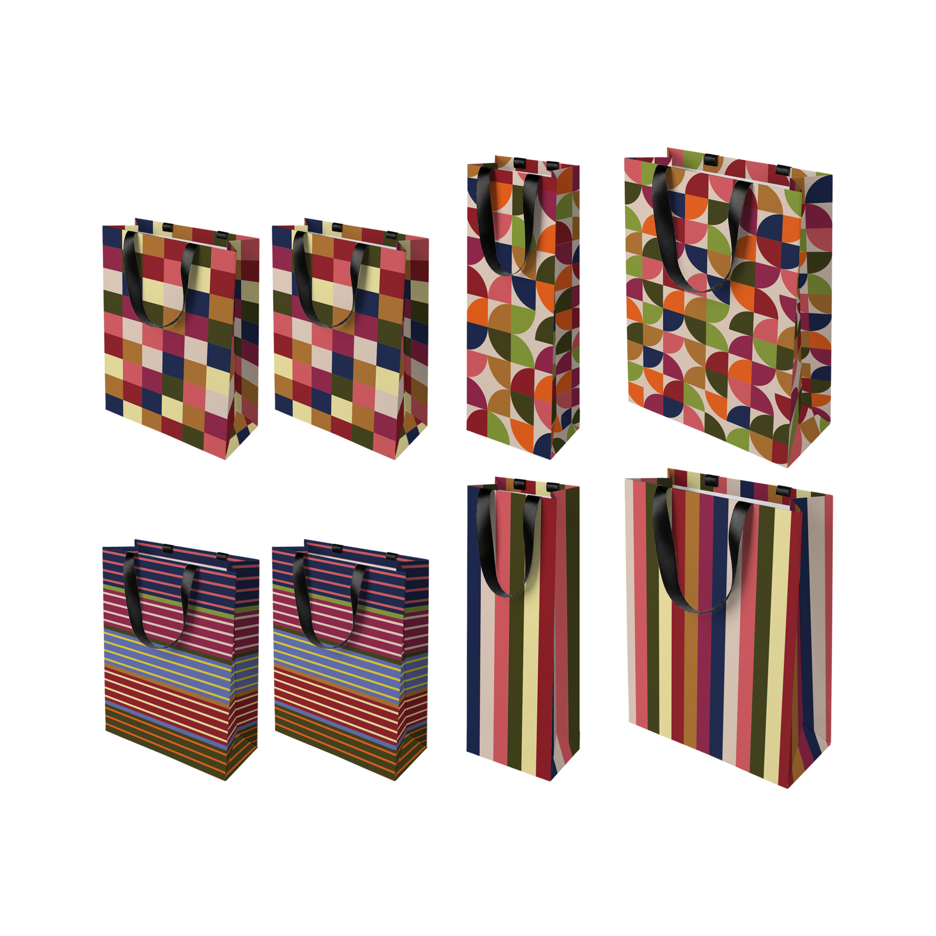 Ocho bolsas de regalo de colores con asas de cinta de raso negro, en diferentes tamaños y con cuatro estampados llamativos: cuadros, semicírculos geométricos, rayas horizontales y verticales. Colores: rojo, azul, verde, naranja, amarillo, rosa y marrón.