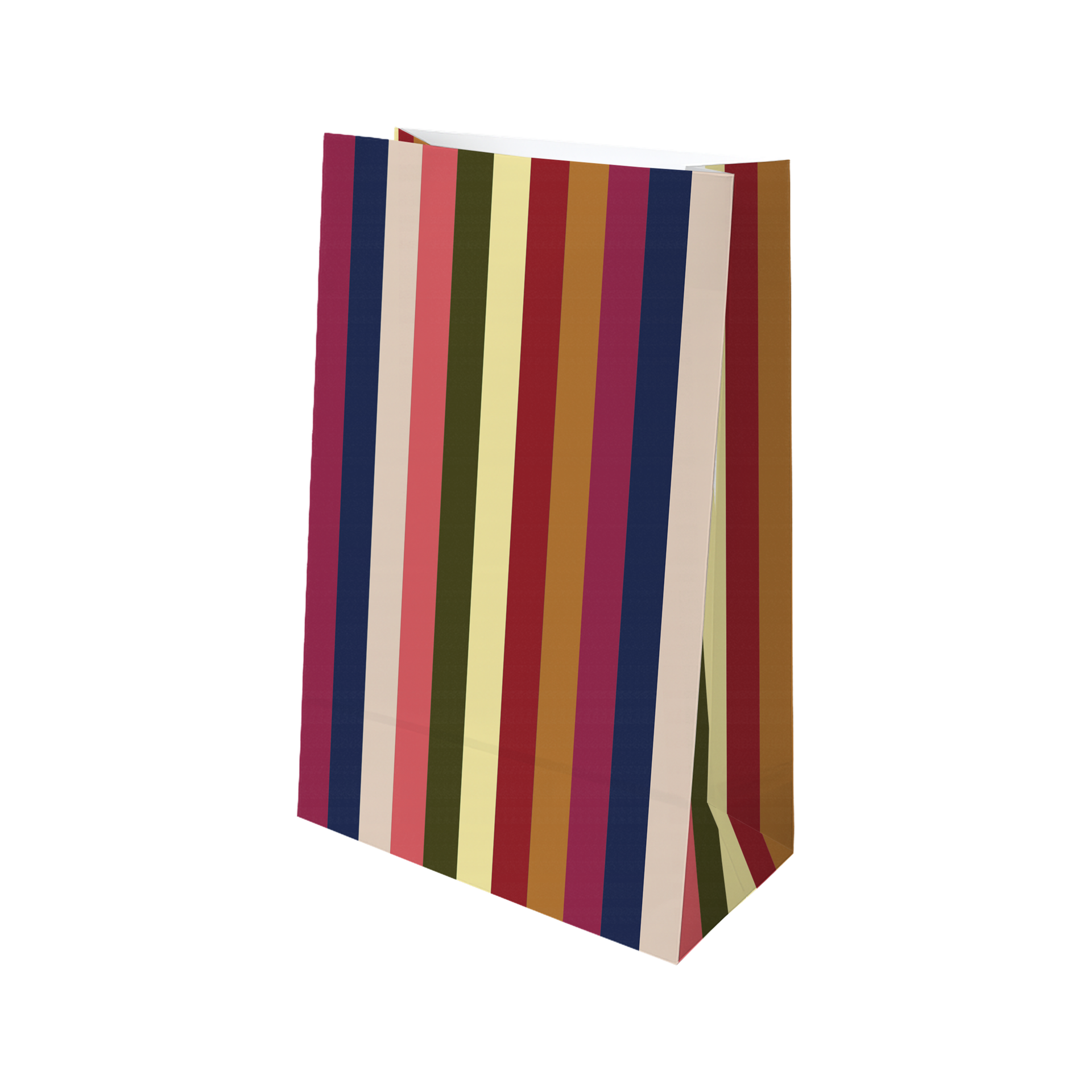 Una bolsa de papel de alta calidad del conjunto del calendario de Adviento, colocada en posición vertical sobre un fondo blanco. Con rayas verticales en muchos colores: azul oscuro, beige, rosa, verde oliva, amarillo claro, burdeos, marrón y violeta.