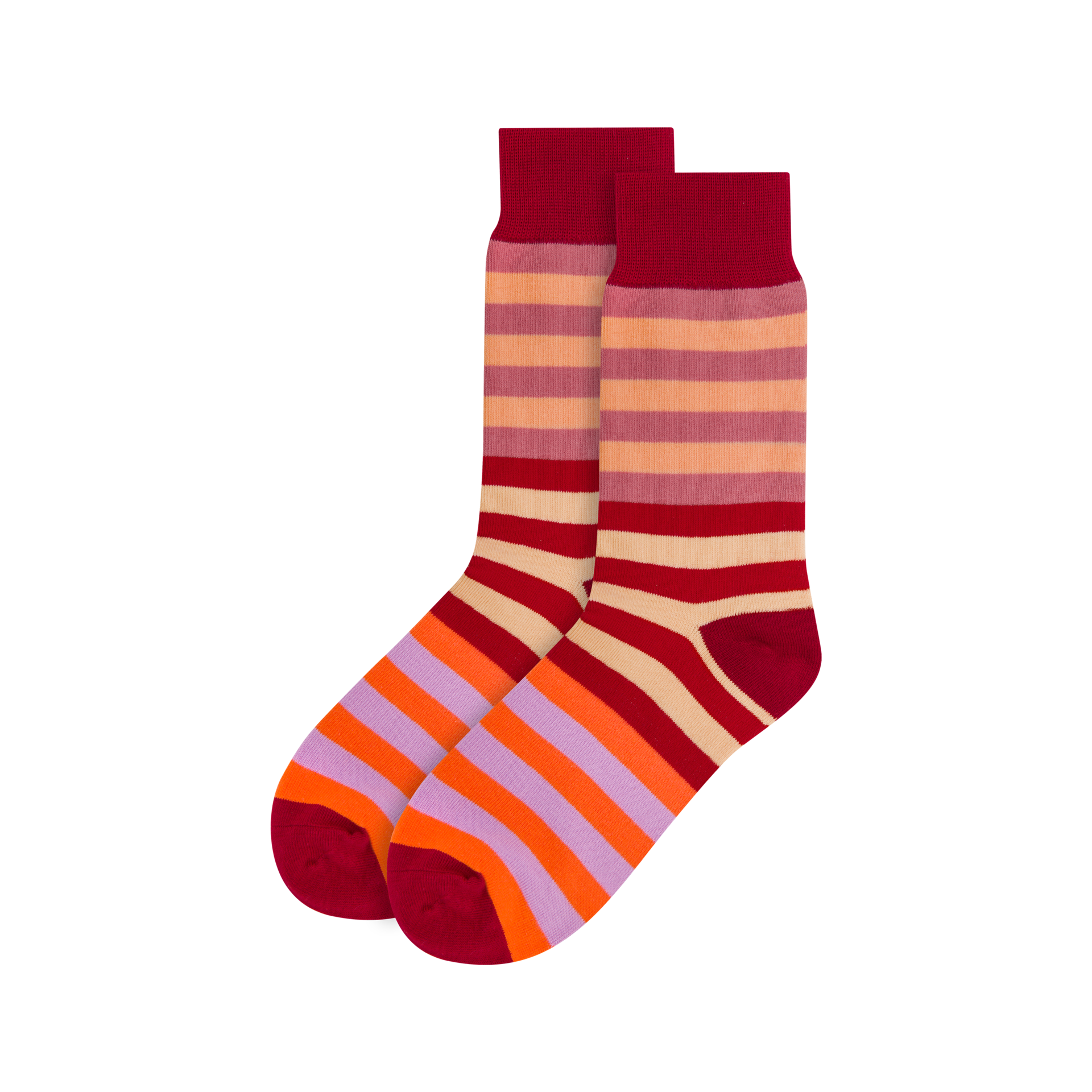 Farbenfrohe Socken mit horizontalen Streifen in Dunkelrot, Hellrosa, Orange und Lavendel. Breite Streifen bedecken Schaft und Fuß. Bündchen, Fersen und Zehen sind einfarbig dunkelrot. Leicht versetzt, voll sichtbar.