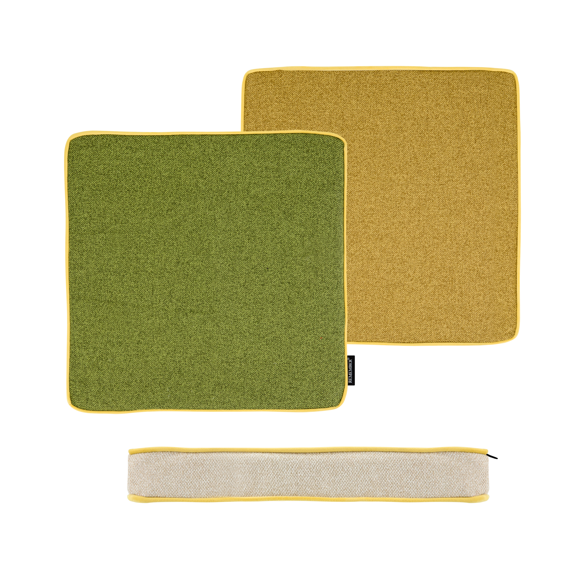 Tre cuscini da seduta "Wasabi" nei toni del verde, senape e beige con profili gialli. Due cuscini sono piatti, uno è in posizione verticale e la cerniera è visibile.