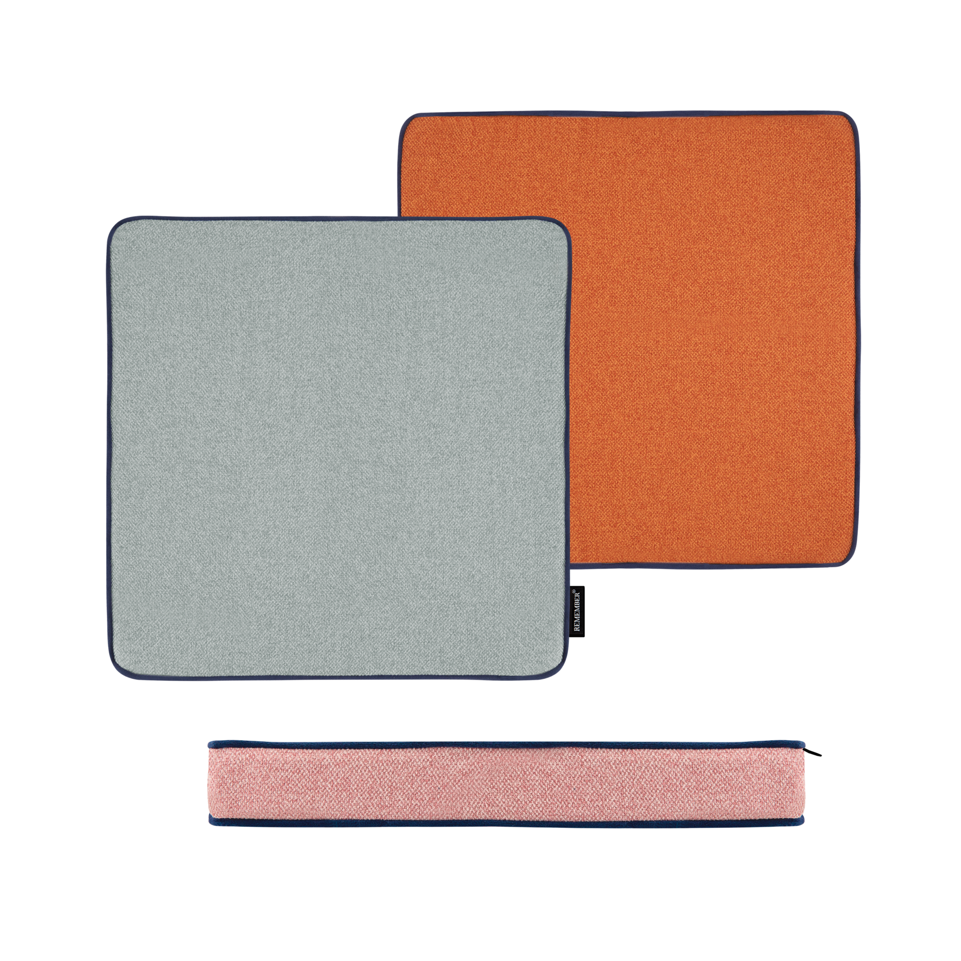 Cuscini di seduta quadrati, grigio chiaro, arancione e rosa, con profili blu scuro. Due cuscini sono piatti, uno è visibile sul bordo.