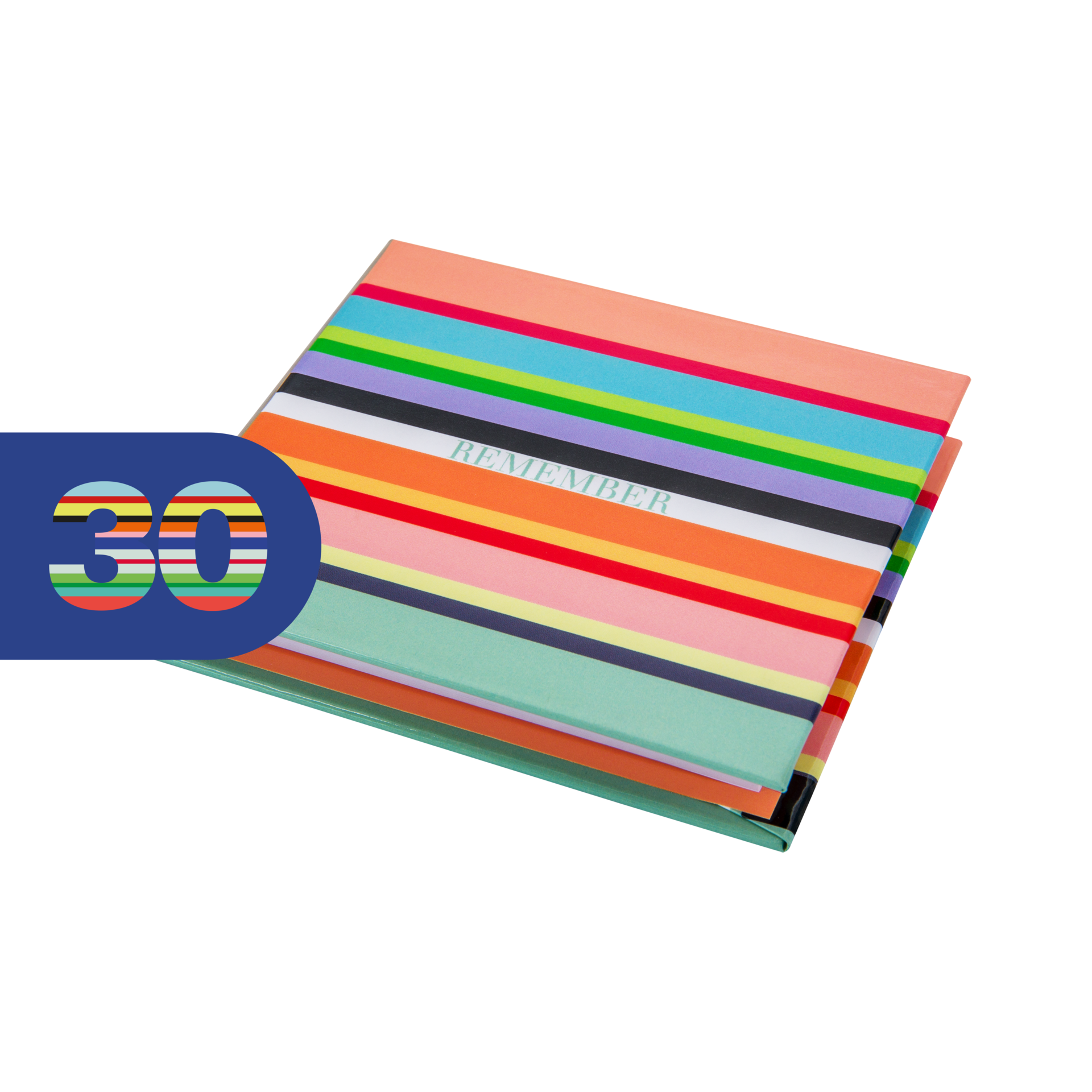 Memolino Stripes Notizblock mit Deckel, horizontal gestreift in Koralle, Rot, Türkis, Hellgrün, Lila, Schwarz, Orange und Gelb. Schriftzug "REMEMBER" in Hellgrün. Blaue Markierung mit "30". 200 Haftnotizen. Leicht geöffnet.