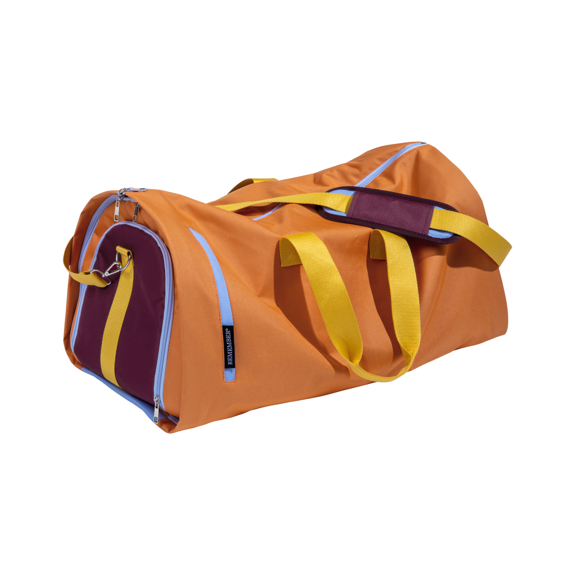 Orangefarbene Reisetasche Lennard Pumpkin mit gelben Tragegurten und bordeauxrotem, gepolstertem Schultergurt. Hellblaue Reißverschlussakzente und bordeauxrote Endpartien betonen das Design. Aus wasserabweisendem Material.