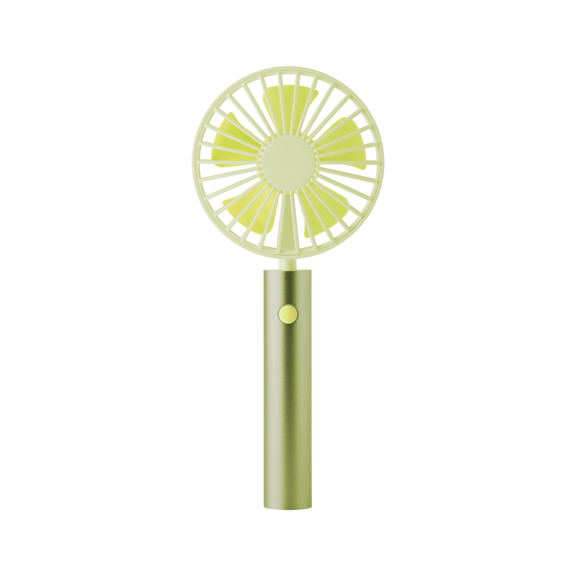 Un ventilador portátil verde se encuentra en posición vertical. El ventilador tiene aspas amarillas y una cabeza redonda. El mango es cilíndrico y cuenta con un botón.