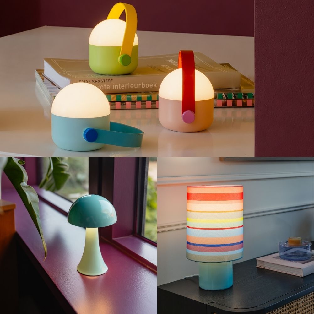 Collage mit vier bunten Lampen: oben zwei tragbare Pilzleuchten mit Griffen, pastellgrün mit gelbem Griff und pastellrosa mit rotem Griff. Unten links eine türkise Pilzlampe am Fenster, unten rechts Zylinderlampe mit Streifen.