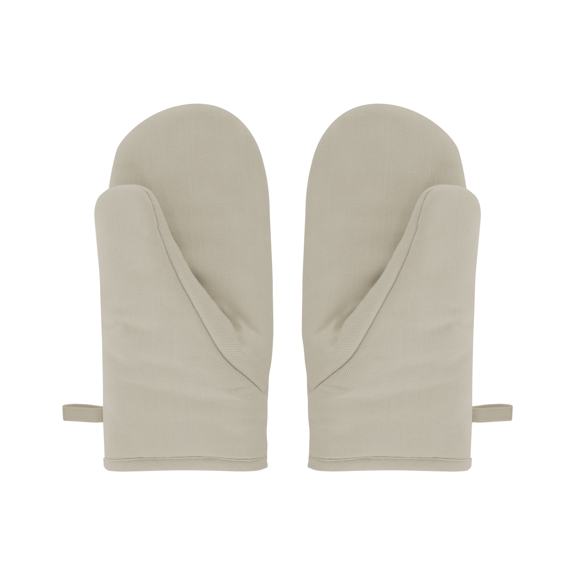 Deux gants de four beige clair, avec languettes de suspension, sont posés côte à côte sur un fond blanc.