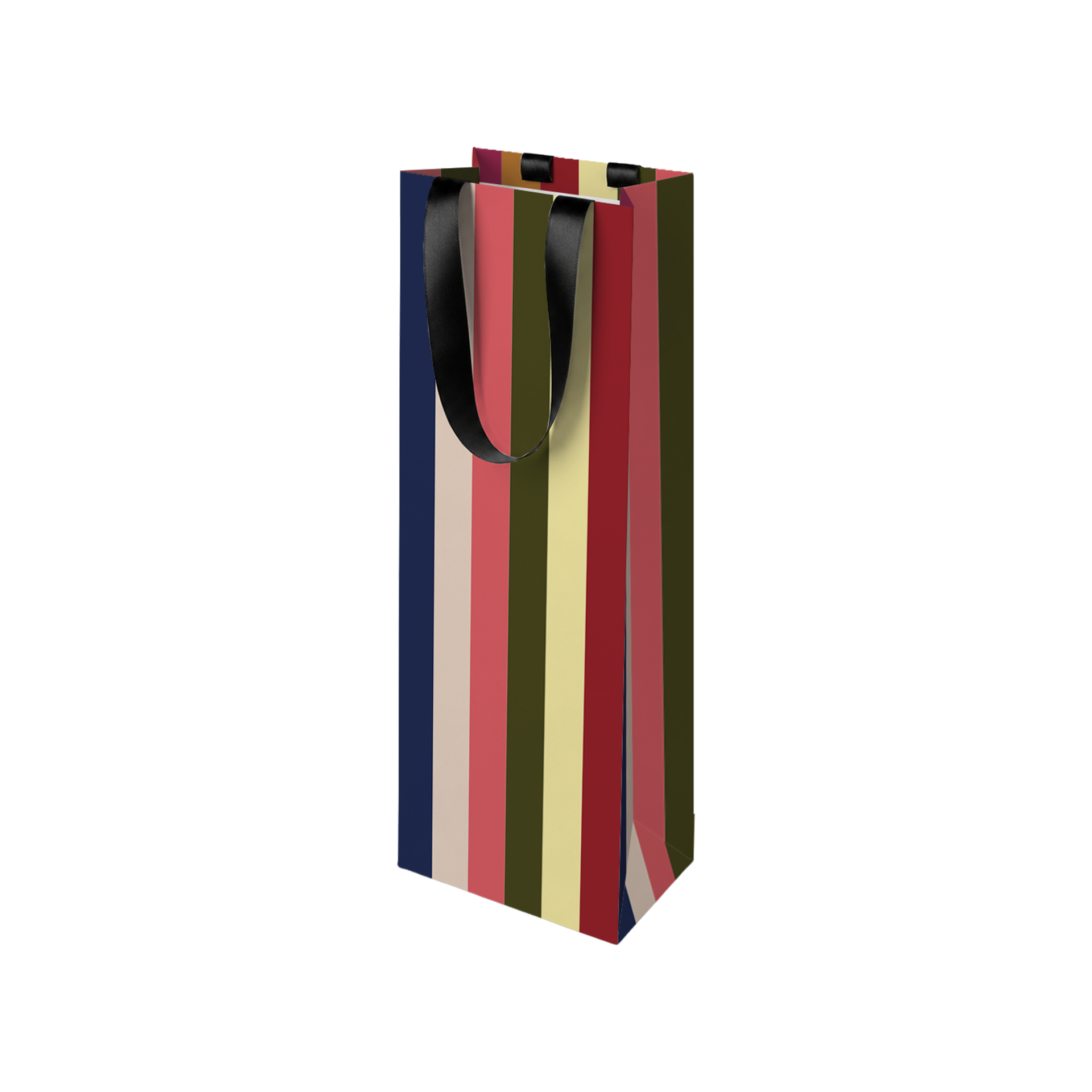 Bolsa de regalo alta con rayas verticales en azul oscuro, beige, rojo coral, verde oliva, crema y rojo oscuro. Con elegantes asas de cinta de raso negro, ideal para botellas u otros regalos altos de la colección «Bolsas de regalo Joy».