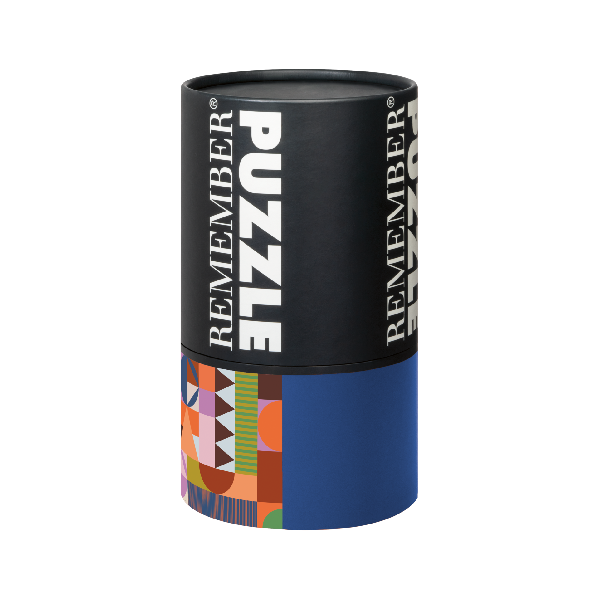 Cylindrical packaging of the 'Patch' puzzle, the upper half of which is black with the imprint "Remember Puzzle" and the lower half shows geometric patterns and a blue surface.