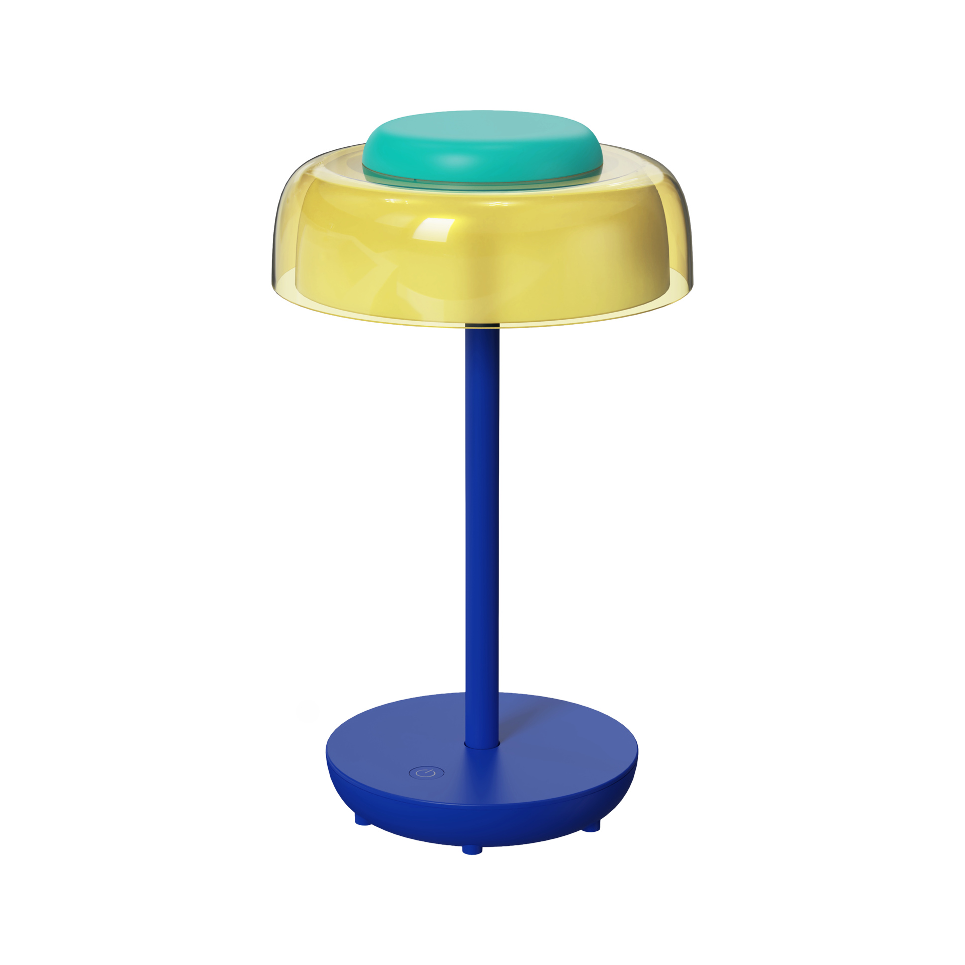 Moderne, draadloze tafellamp Juno met een slanke, donkerblauwe voet en een ronde basis. Geel-transparante lampenkap met een heldere koepel. Het platte, turkooiskleurige aanraakoppervlak en het aan/uit-symbool zorgen voor een intuïtieve bediening.