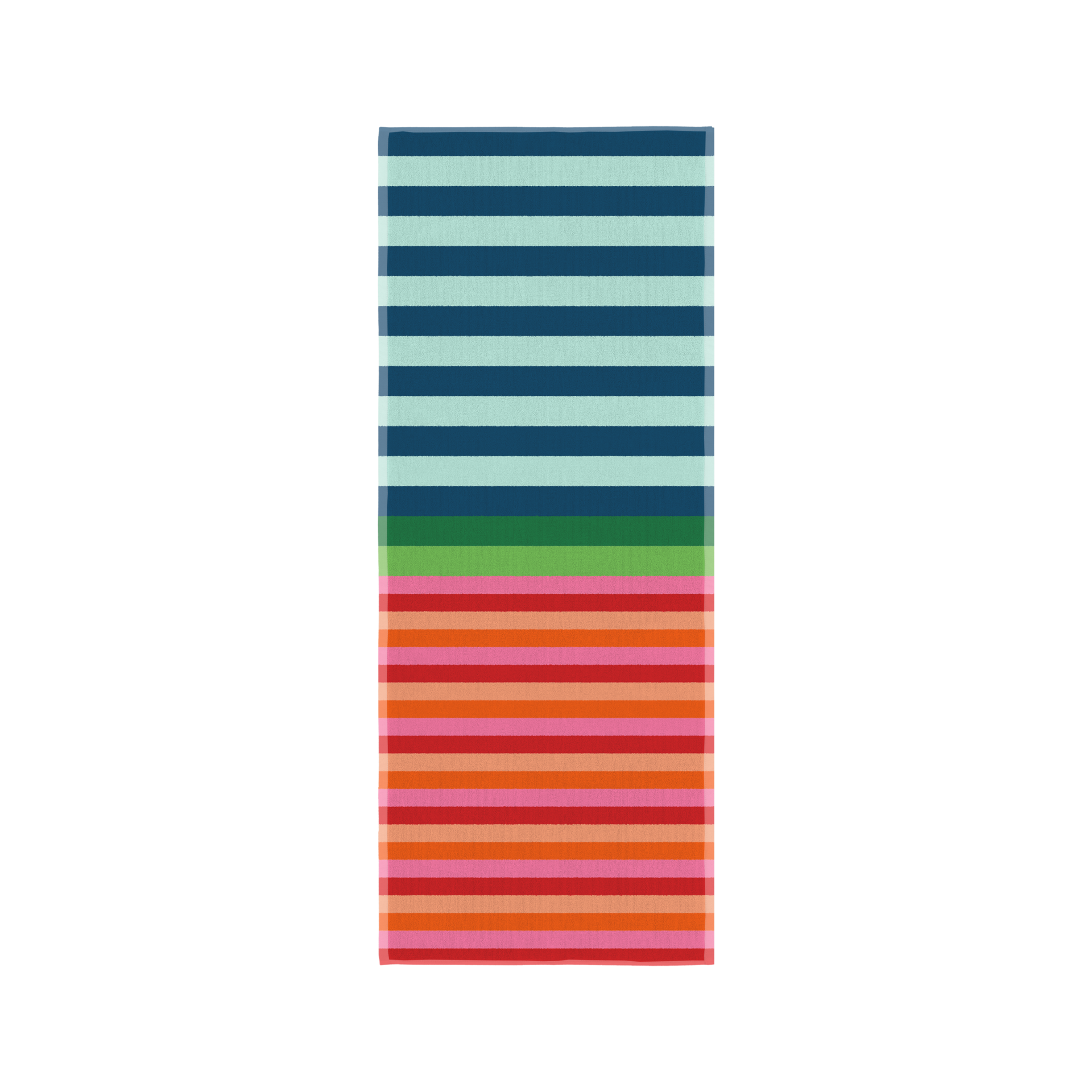 Vertikal gefaltetes Milo Badetuch mit breiten horizontalen Streifen. Oben helle und dunkle Blautöne, in der Mitte helle und dunkle Grüntöne. Unten leuchtende Streifen in Pink, Orange und Rot. Weiche, flauschige Baumwolltextur.